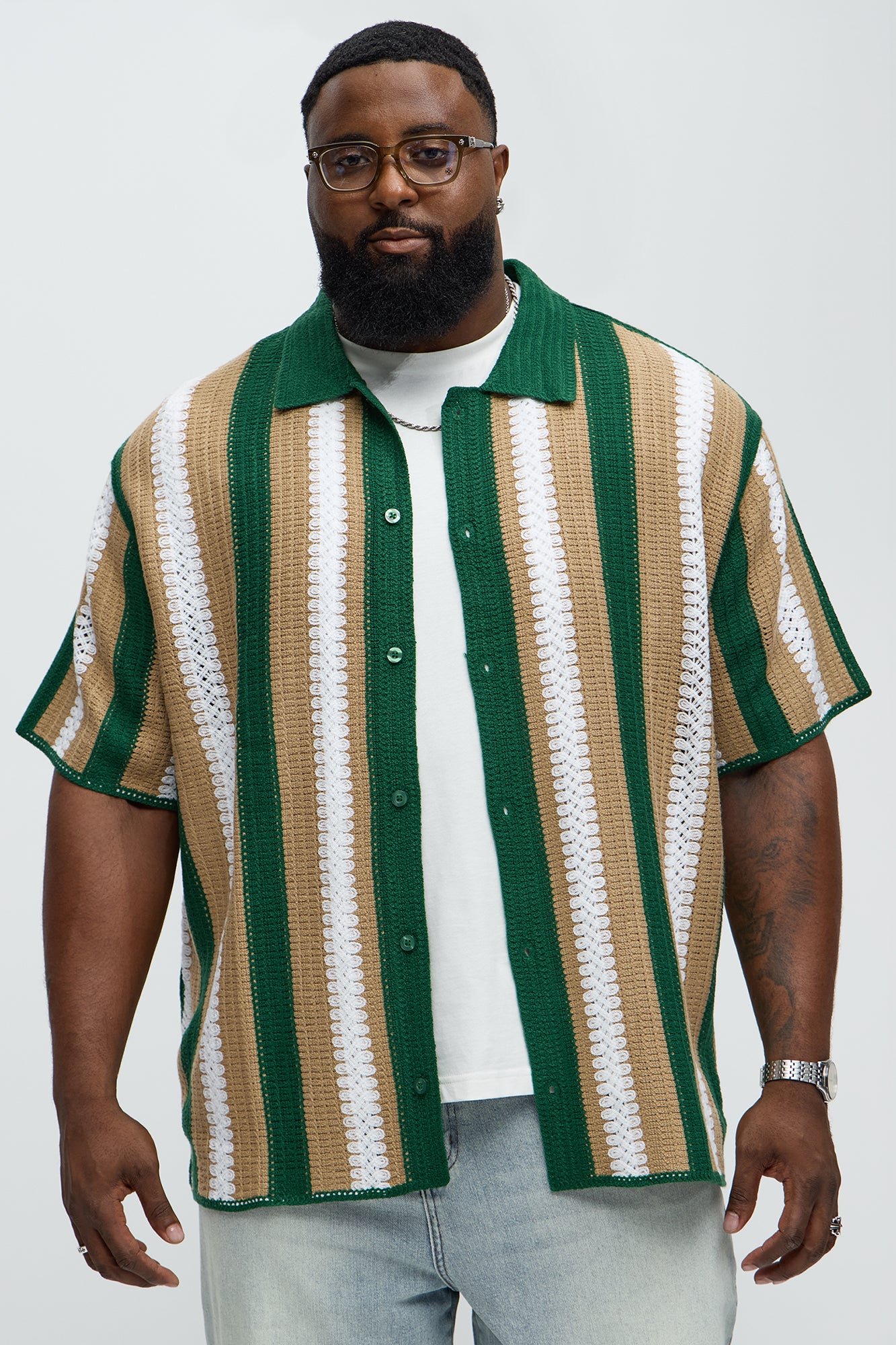 Brock Striped Crochet Collar Button Down Shirt - Green/combo