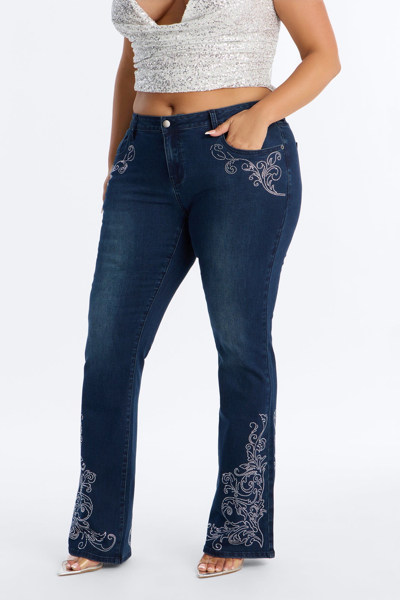 Nashville Charm Low Rise Embellished Stretch Bootcut Jeans - Dark Wash