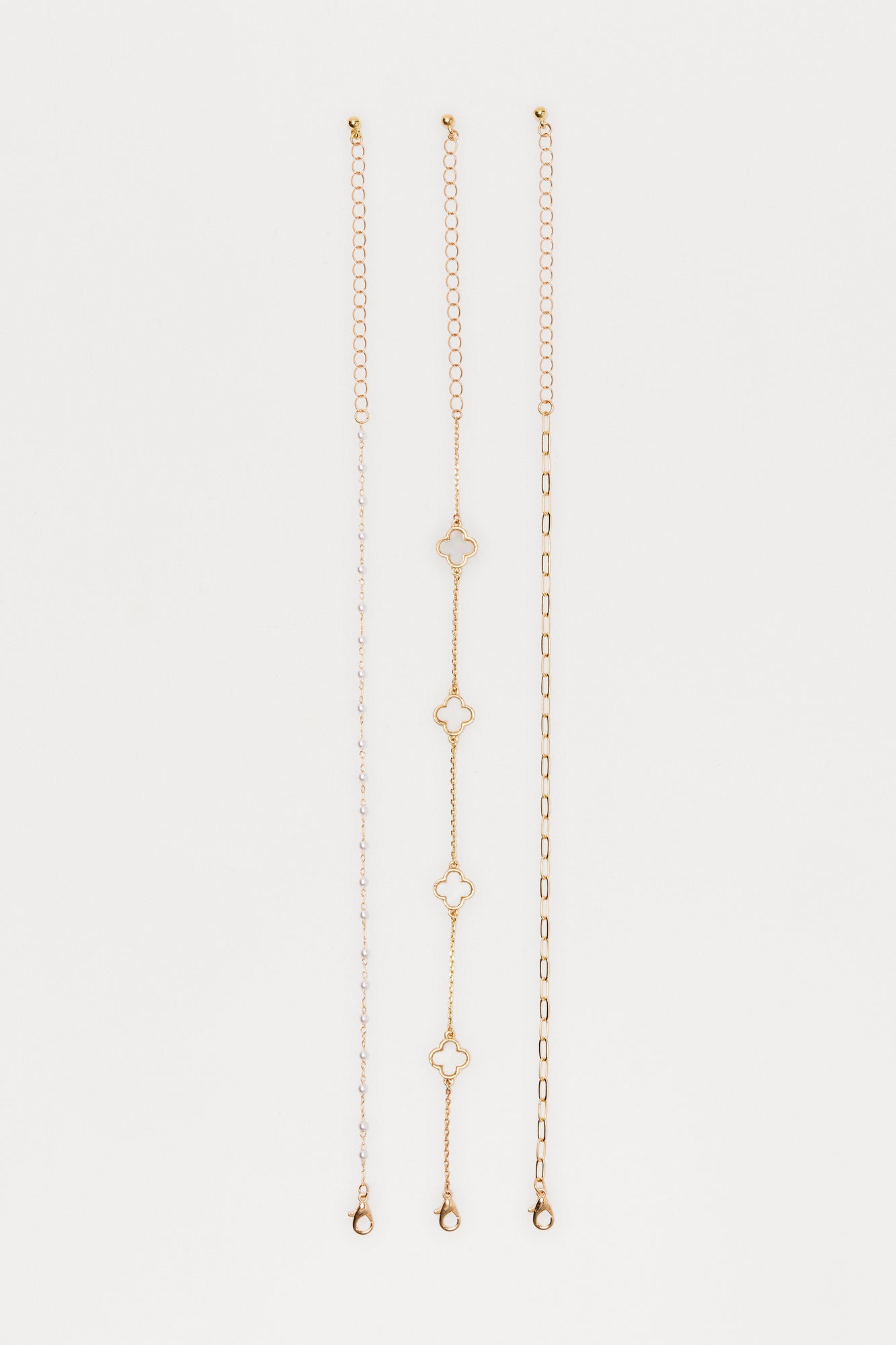 Clovers And Pearls 3 Piece Anklet Set - Gold