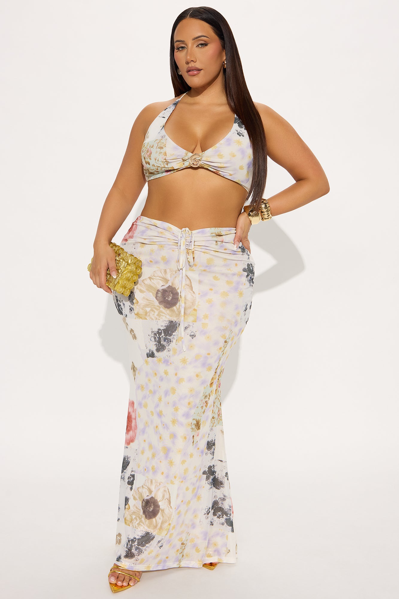 Floral Escape Mesh Maxi Skirt Set - Stone/Combo