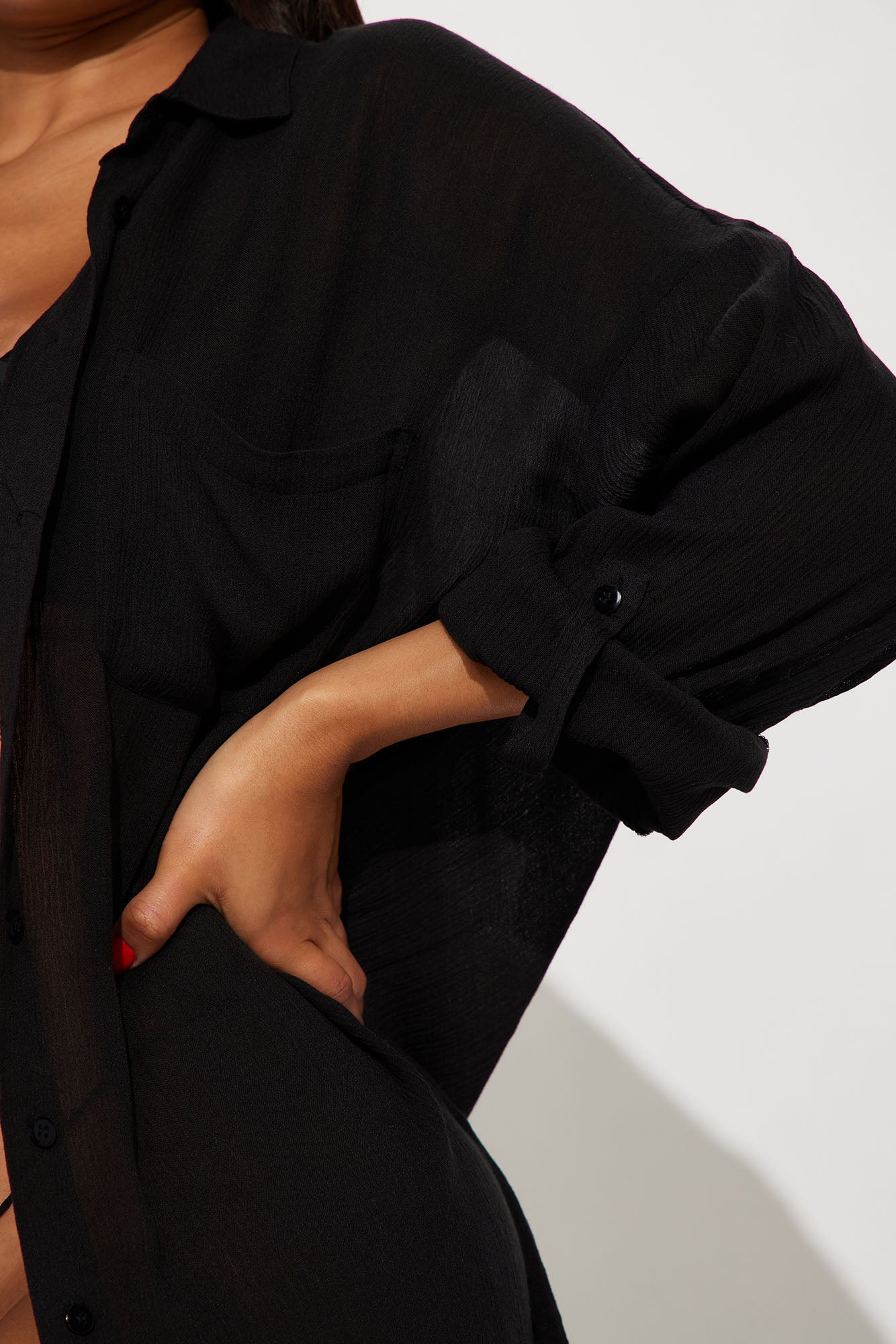 Breezy Nights Linen Pocket Cover Up Shirt - Black