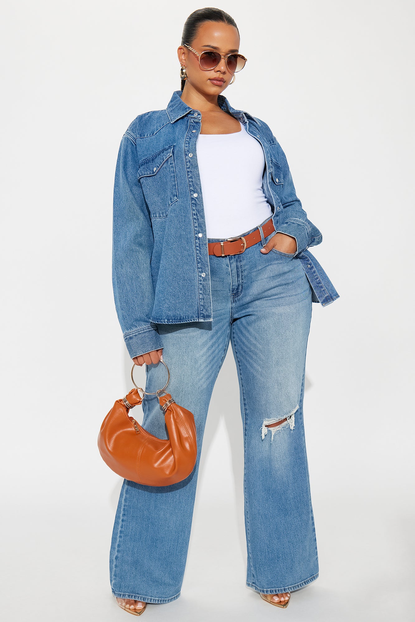 Fierce Competition Washed Denim Oversized Button Up Shirt - Medium Wash