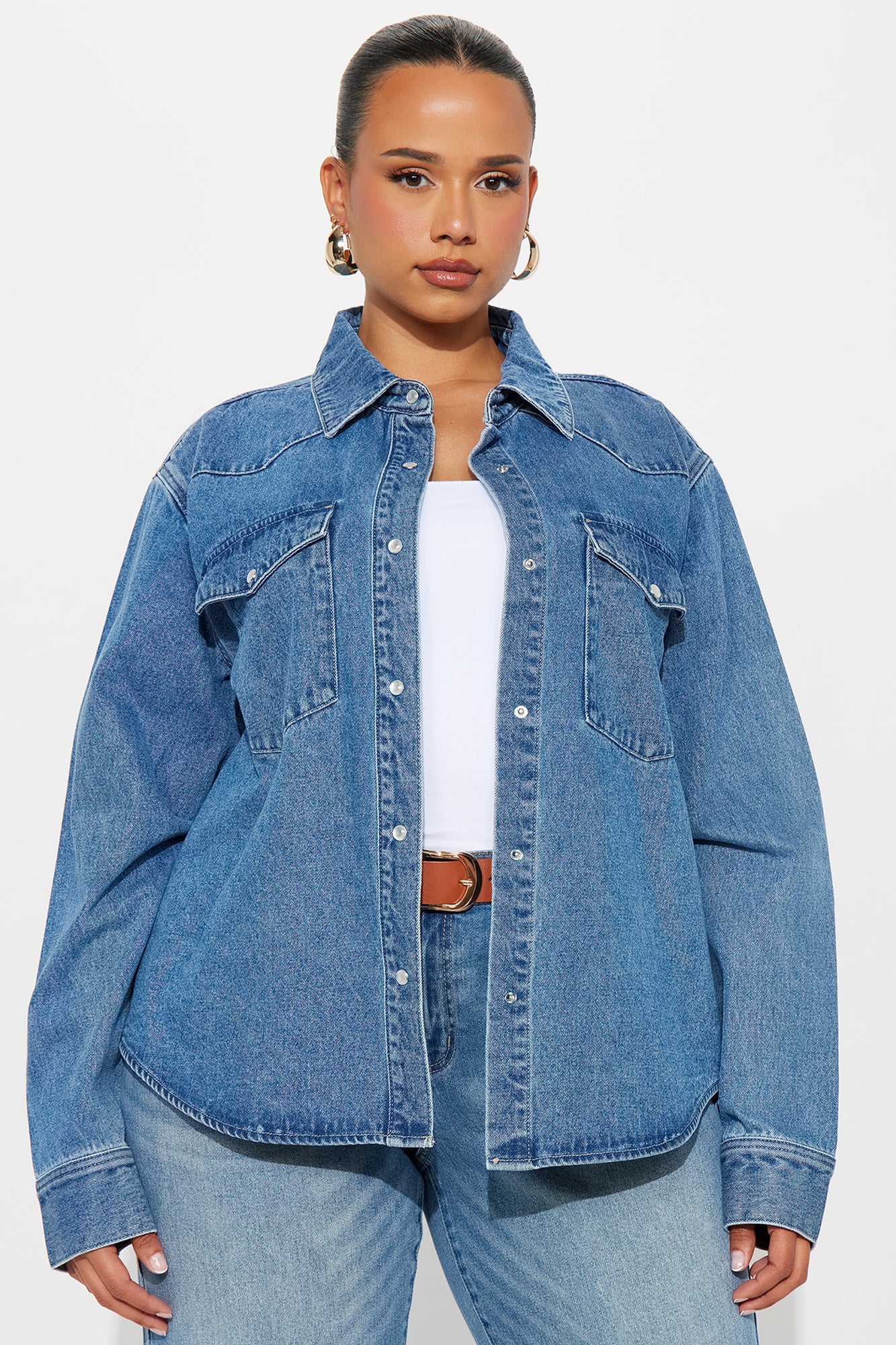 Fierce Competition Washed Denim Oversized Button Up Shirt - Medium Wash