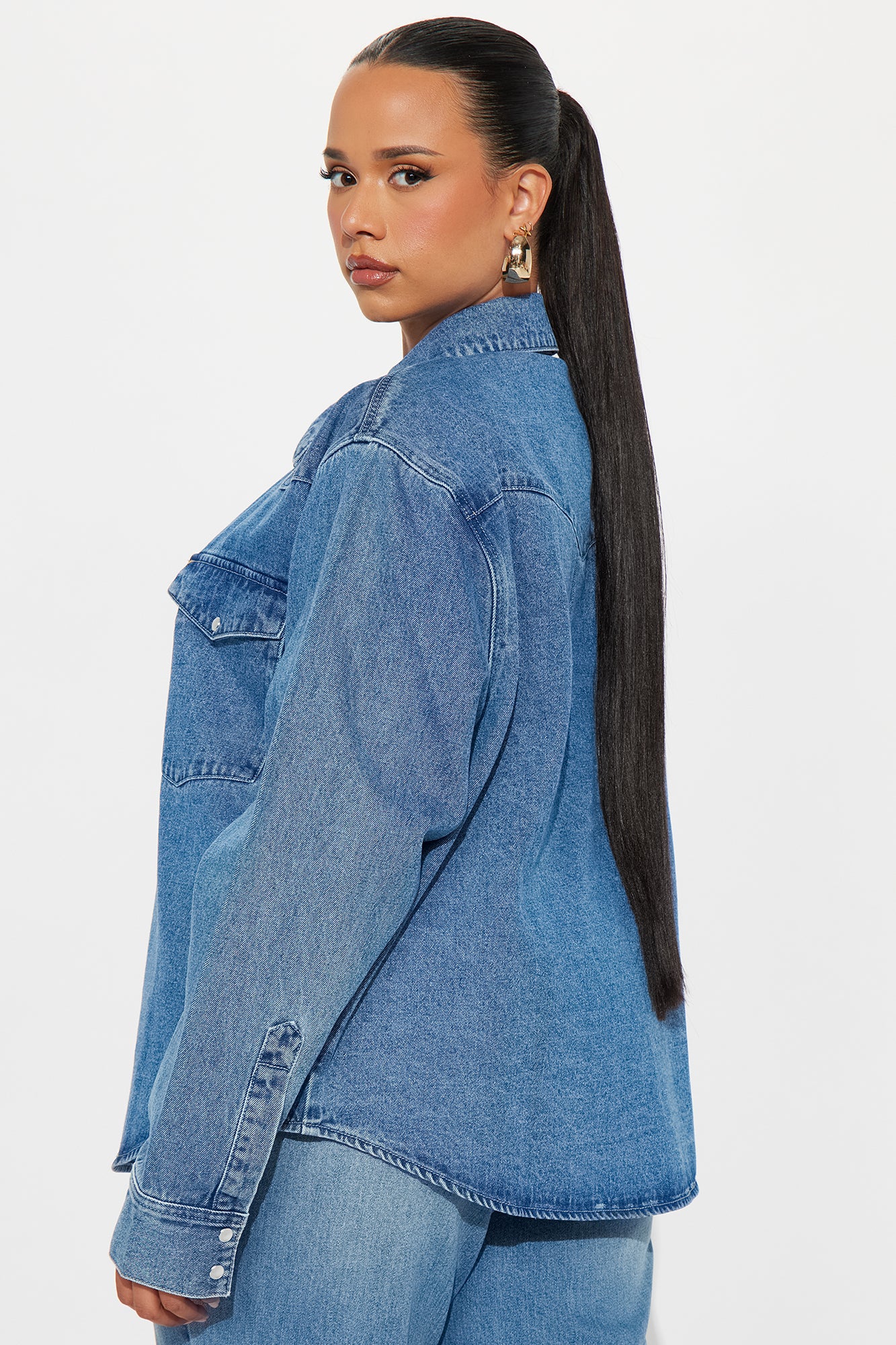 Fierce Competition Washed Denim Oversized Button Up Shirt - Medium Wash