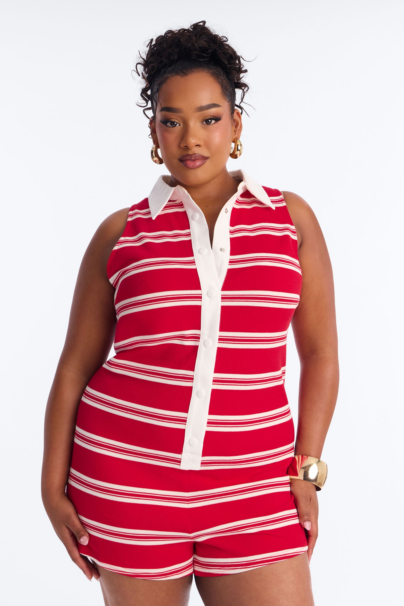 Cleo Polo Striped Sleevless Romper - Red