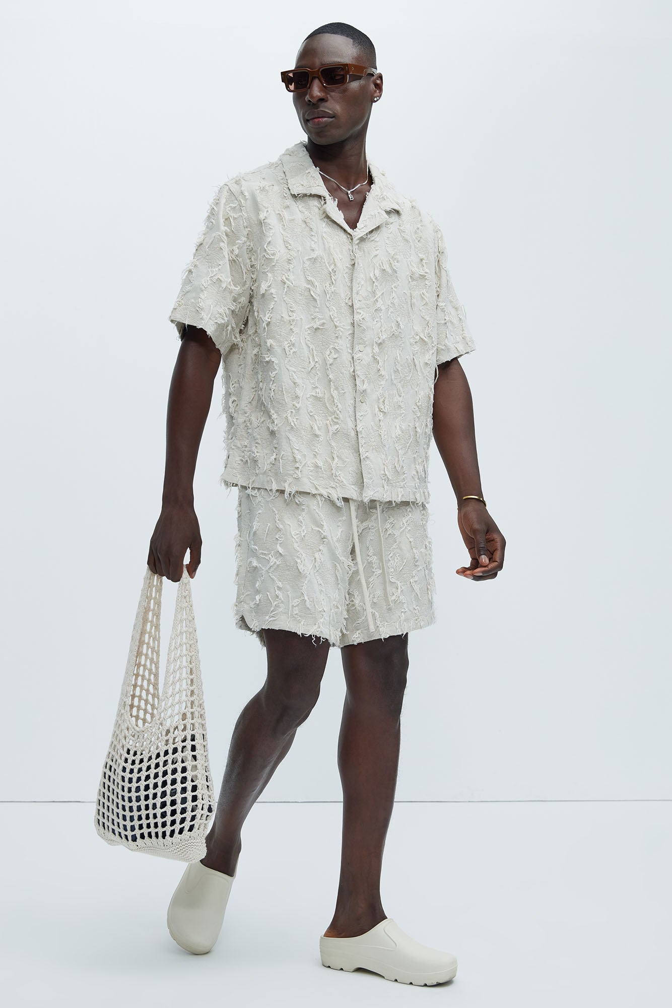 Frayed Jacquard Linen Shorts - Off White