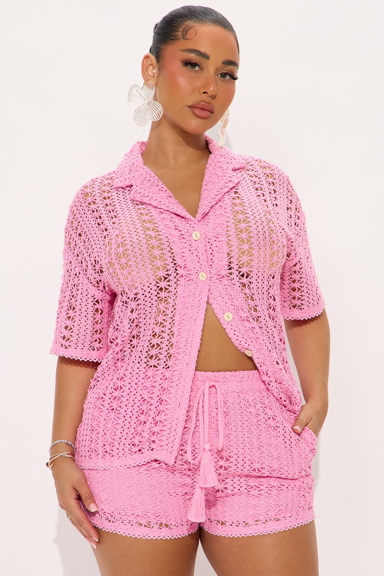 Meet At Dusk Crochet Short Set - Pink