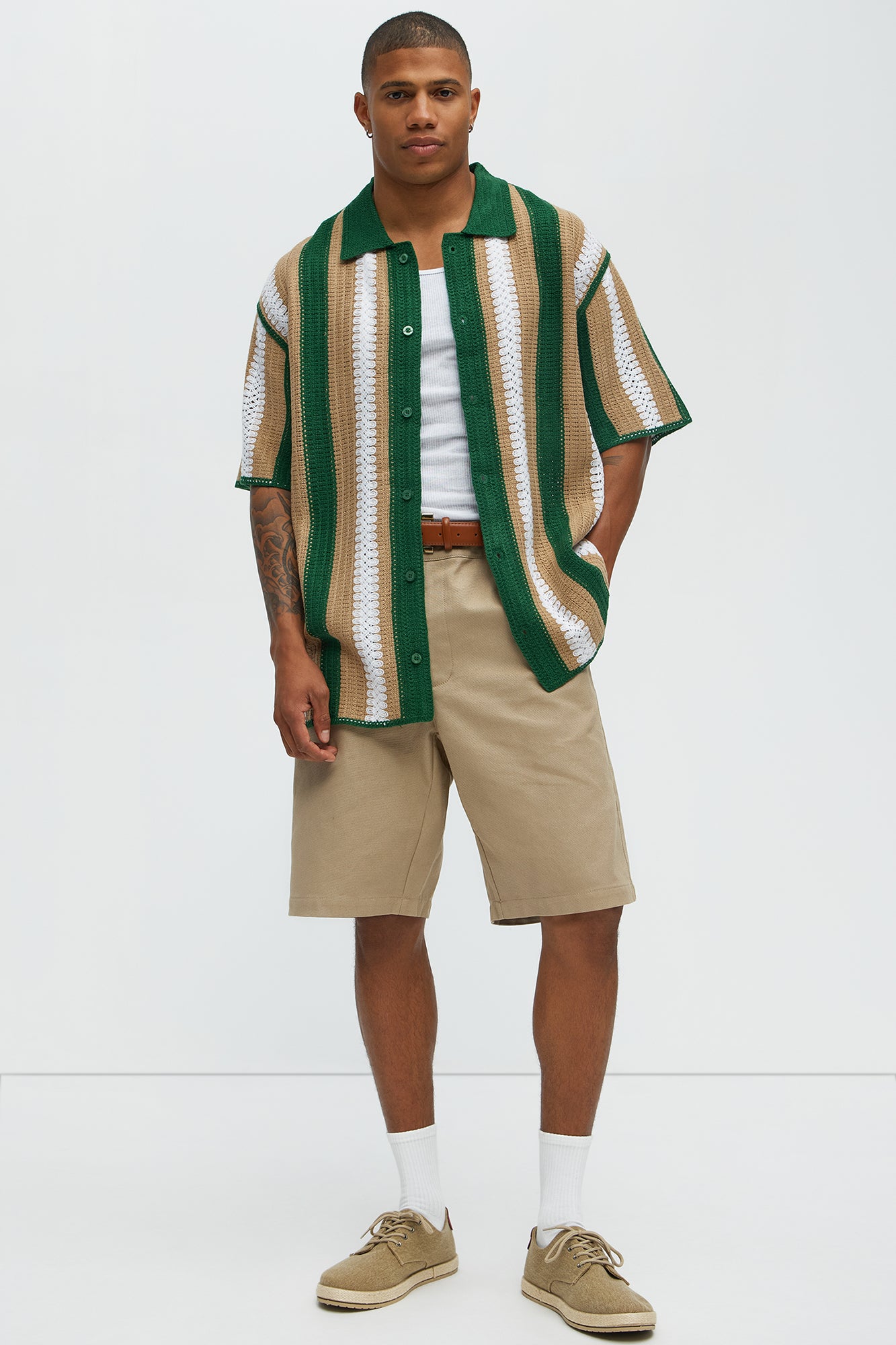 Brock Striped Crochet Collar Button Down Shirt - Green/combo