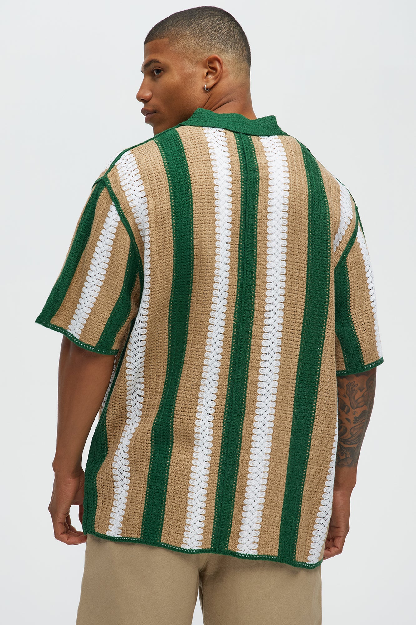 Brock Striped Crochet Collar Button Down Shirt - Green/combo
