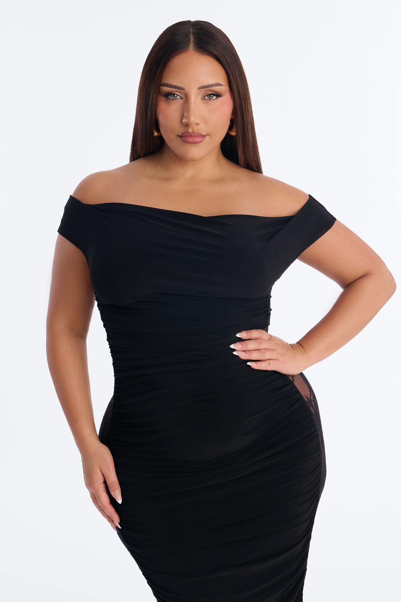 Adah Ruched Lace Maxi Dress - Black