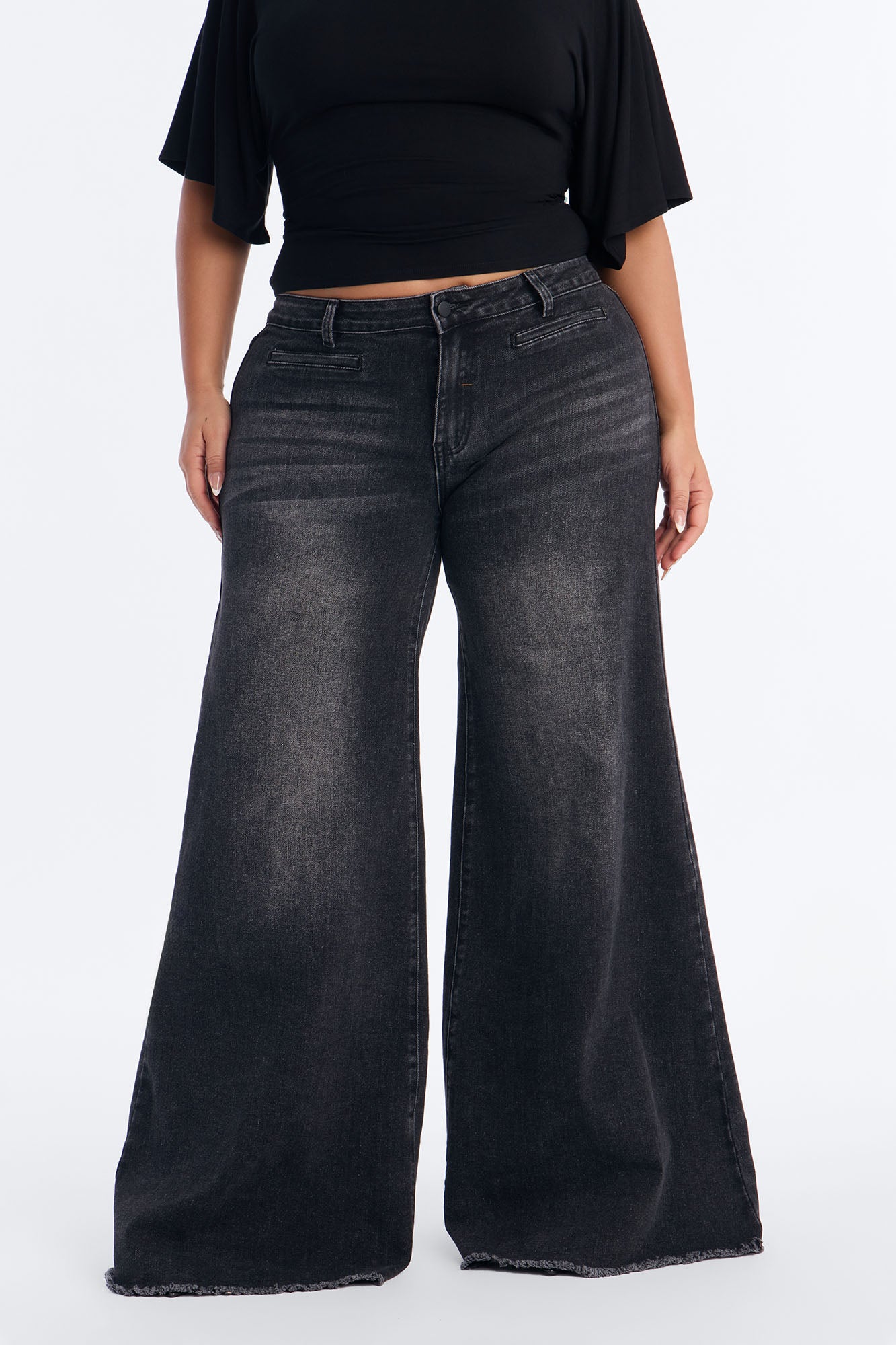 Take It Back Fray Hem Wide Leg Jeans - Black Wash