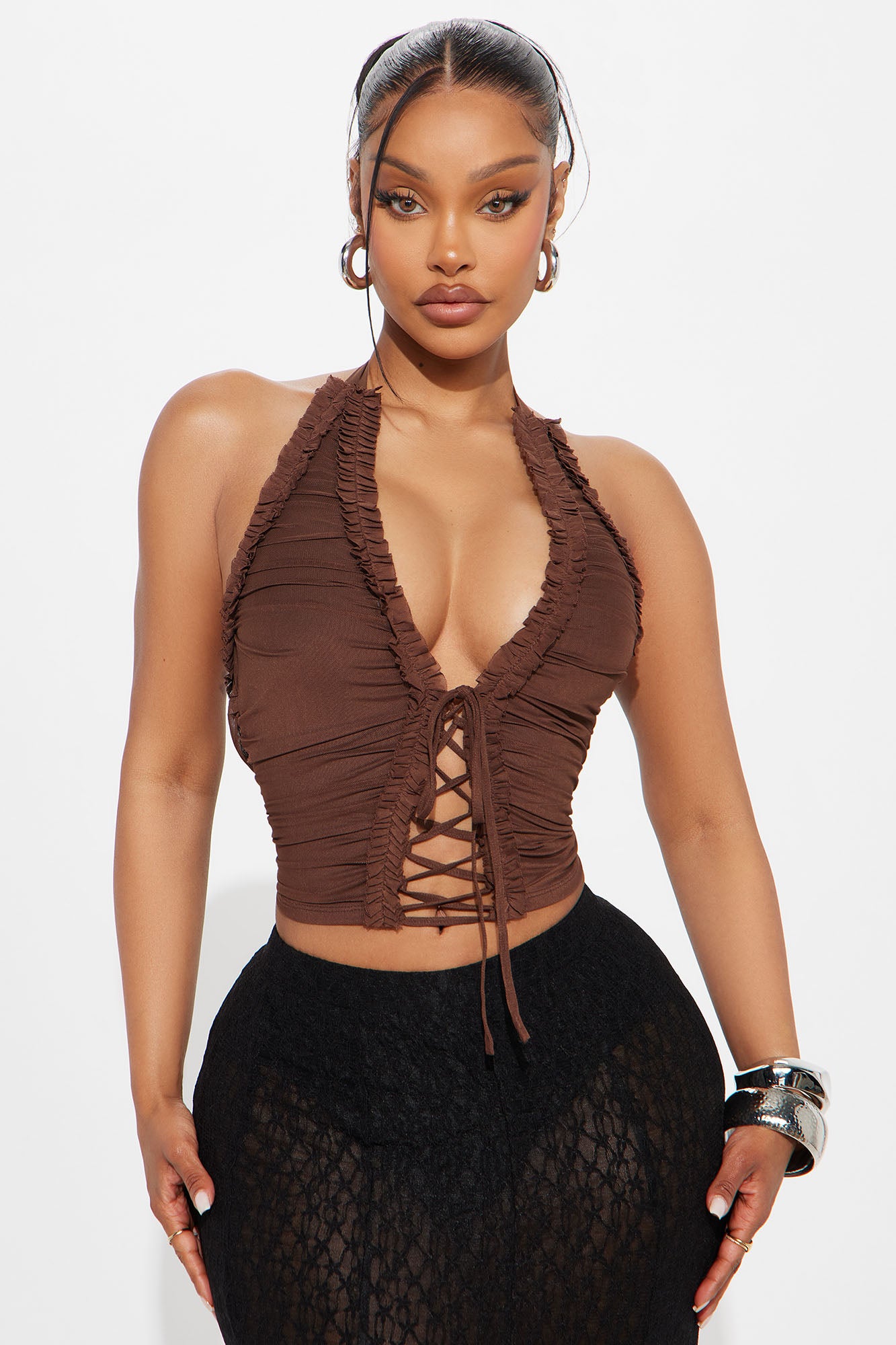 Malibu Honey Lace Up Halter Top - Chocolate