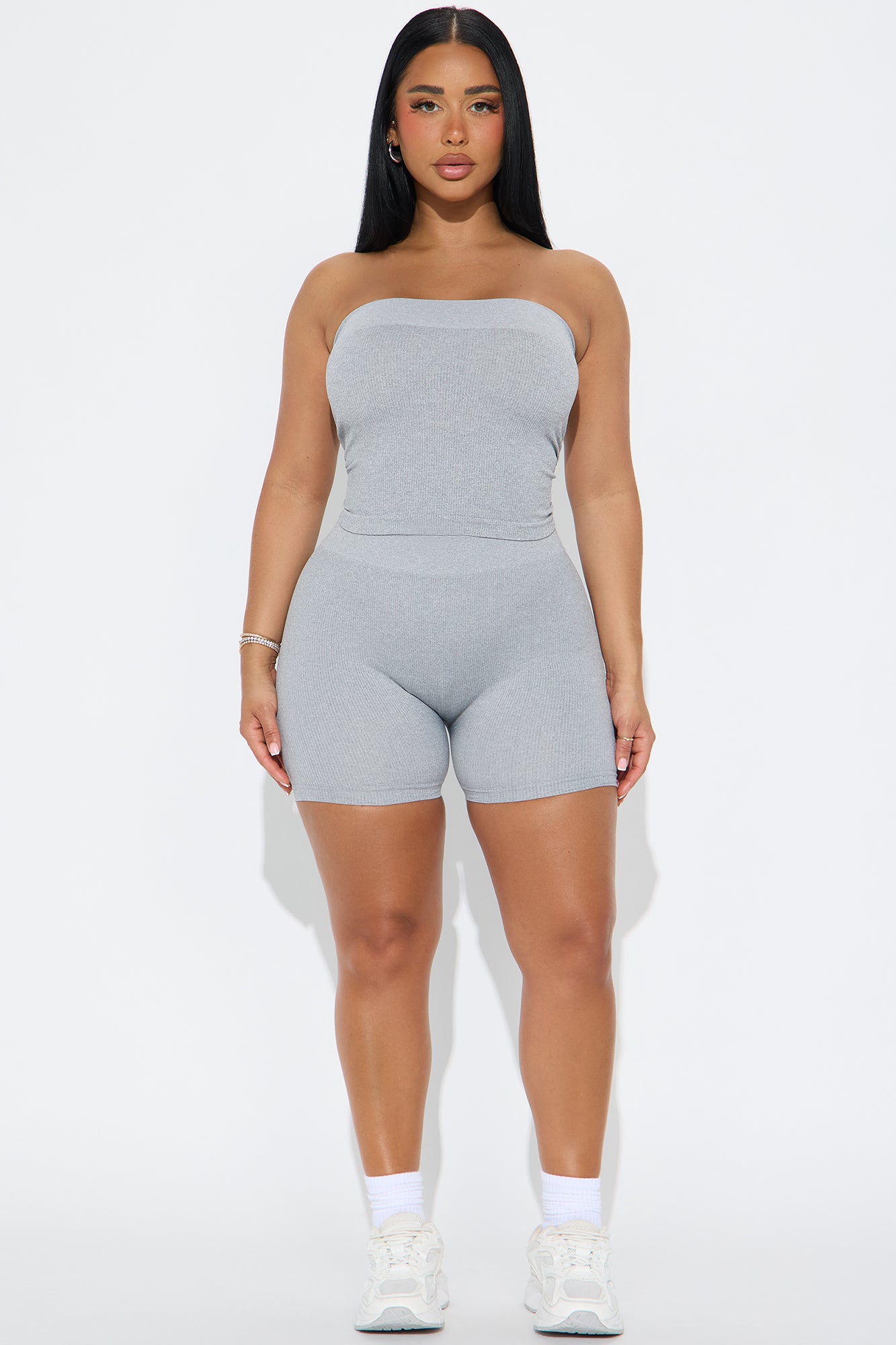 Off Duty Seamless Tube Top Biker Short Set - Light Grey