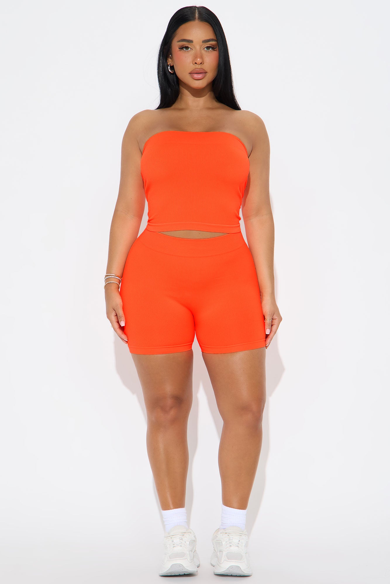 Off Duty Seamless Tube Top Biker Short Set - Orange