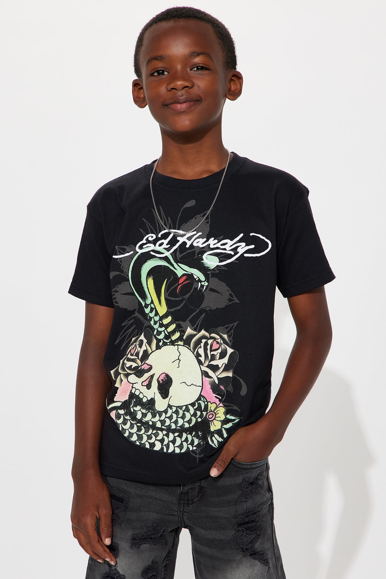 Mini Ed Hardy Cobra Front/Back Graphic T-Shirt - Charcoal