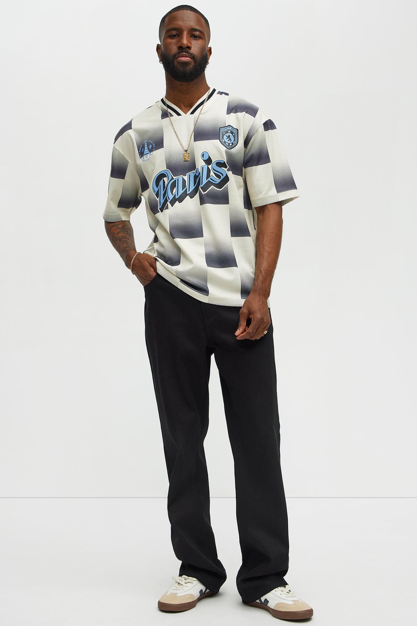 Checkered Paris Short Sleeve Soccer Jersey - Off White/combo