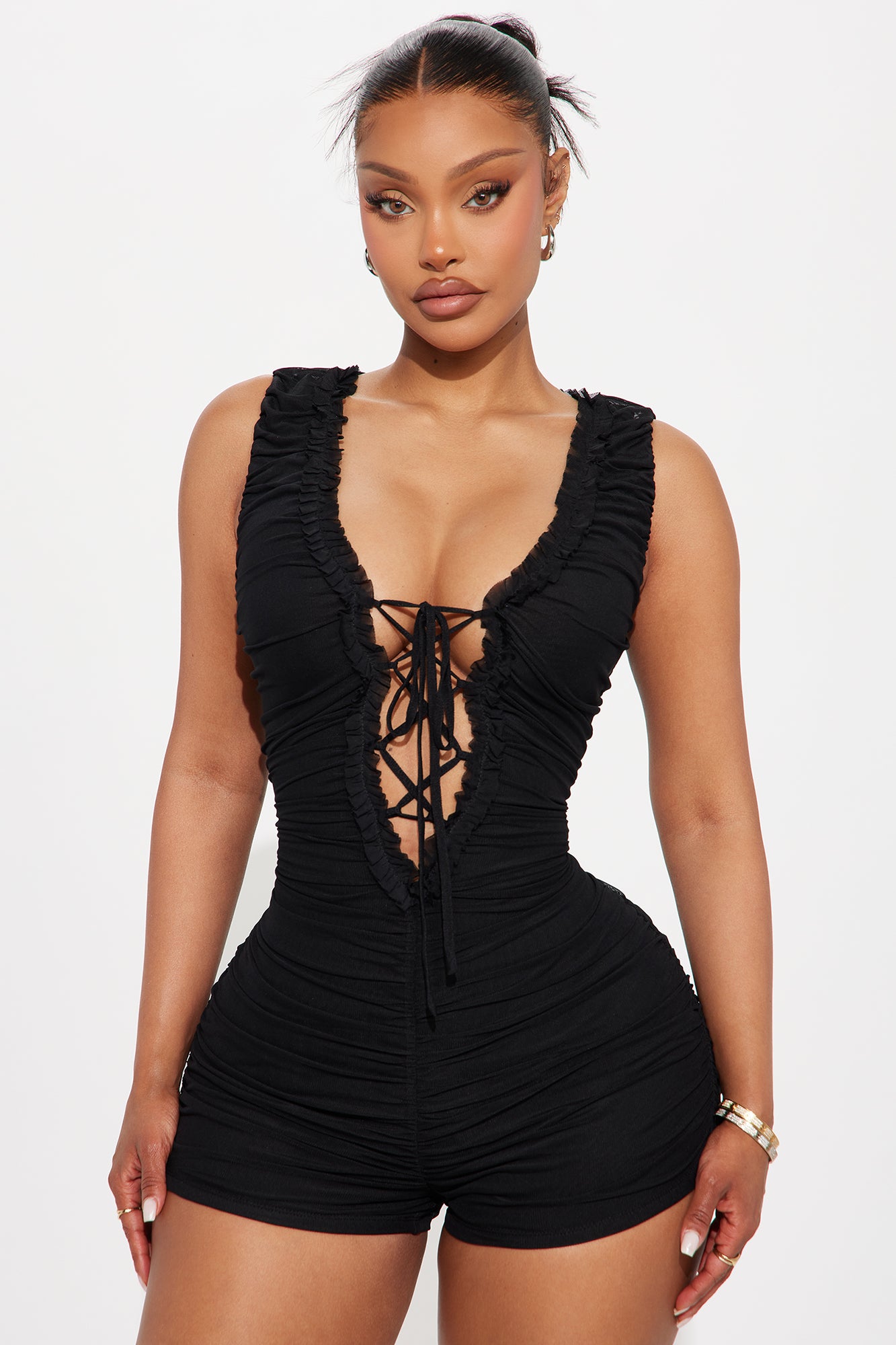Laynee Lace Up Mesh Romper - Black
