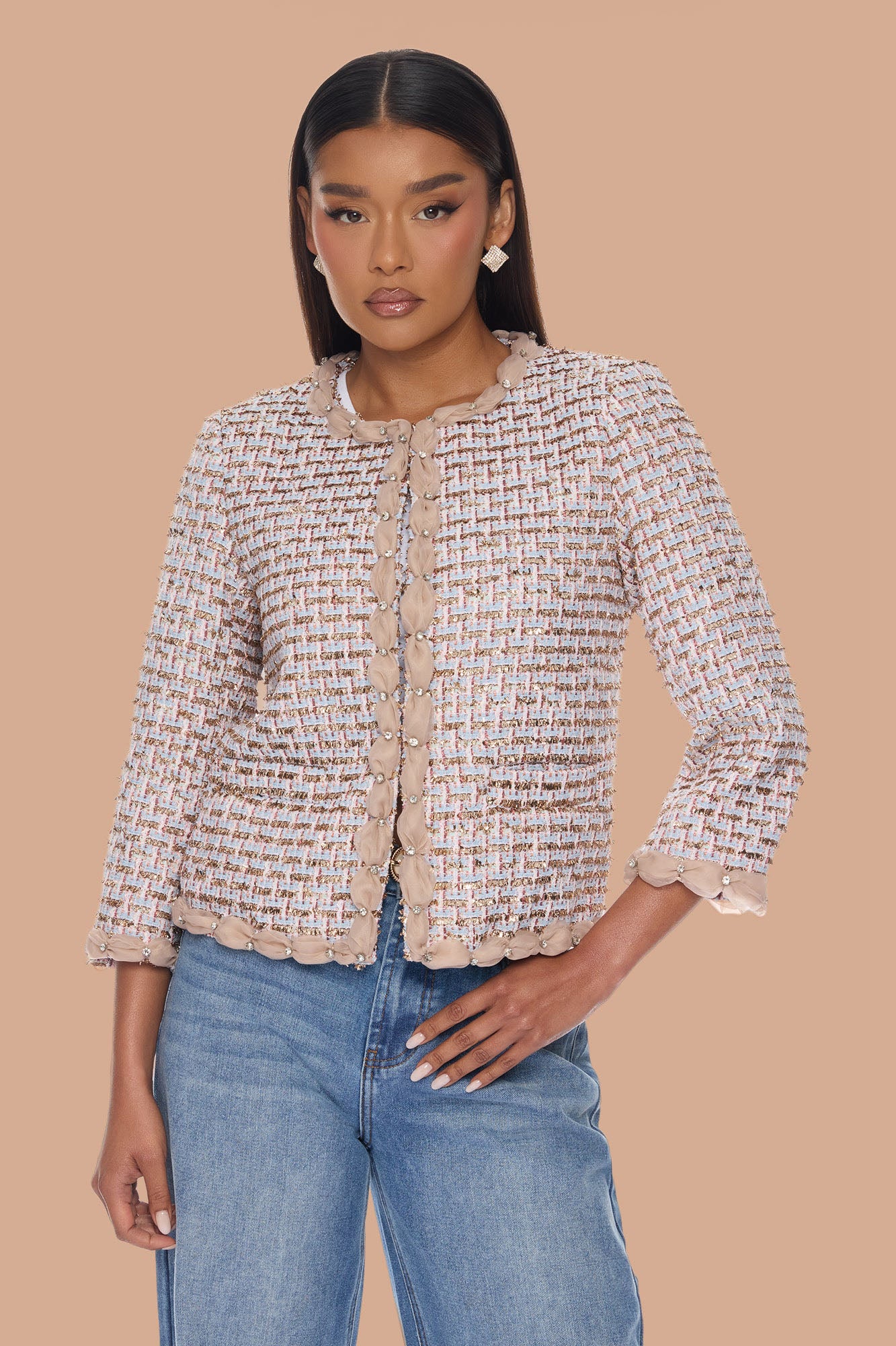 Coco Embellished Tweed Jacket - Rose Gold