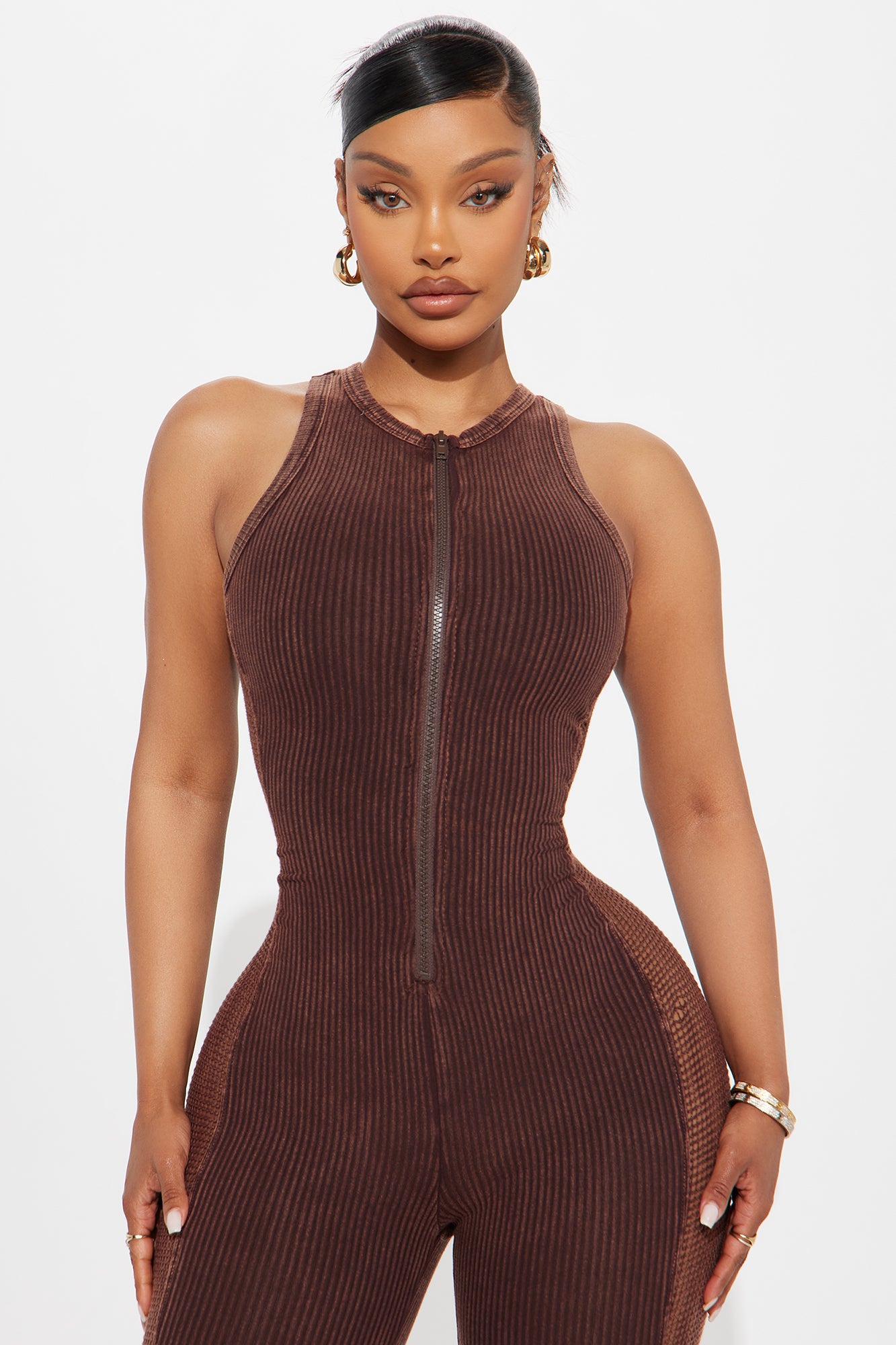 Sienna Washed Ribbed Jumpsuit - Brown