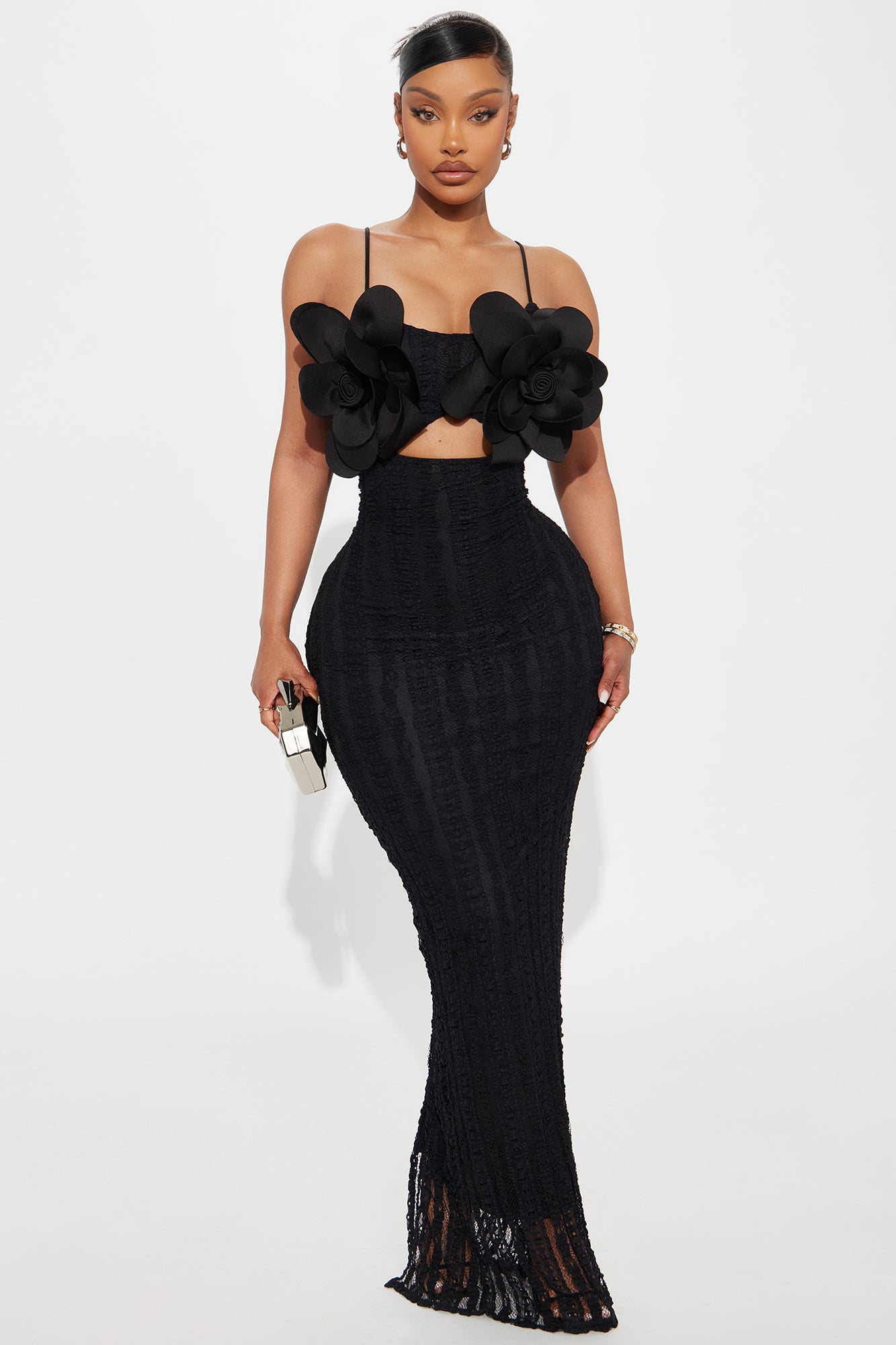Elena Floral Applique Maxi Dress - Black