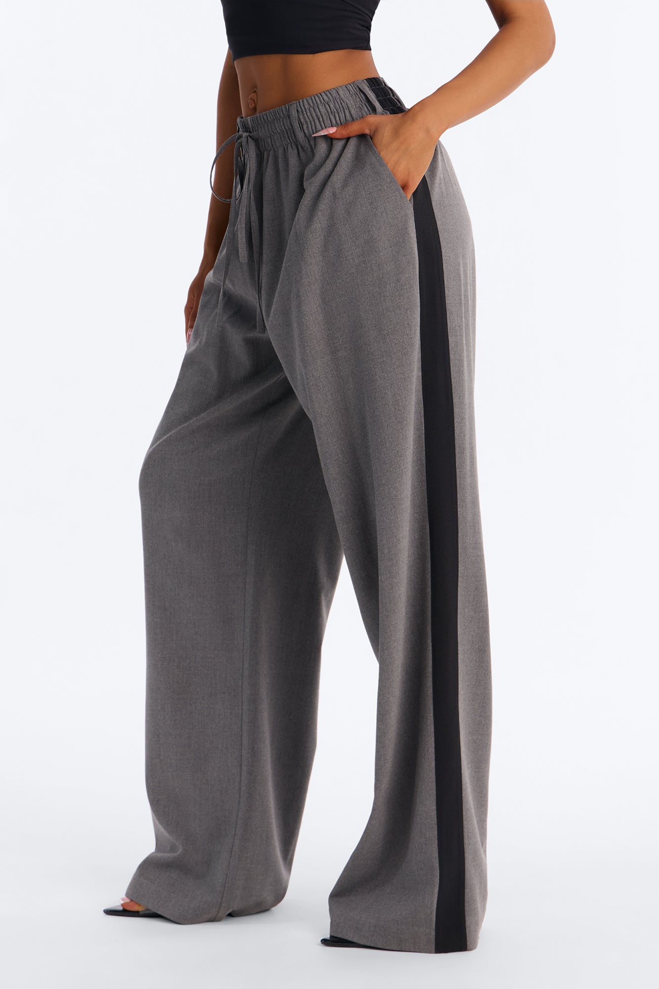 On Track Wide Leg Woven Side Stripe Pants - Charcoal
