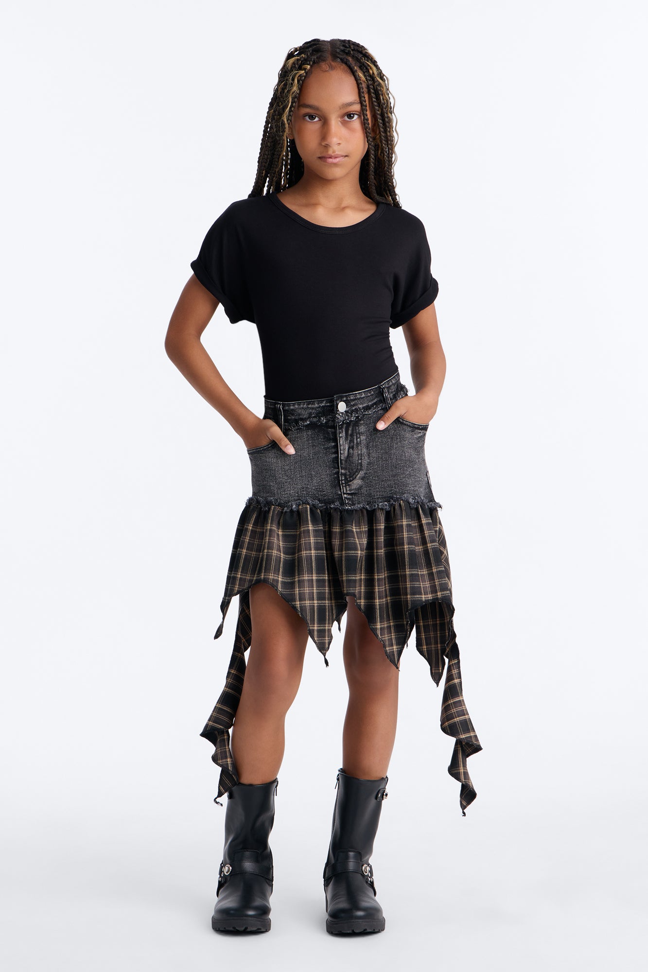 Mini Bad In Plaid Denim Skirt - Black Wash