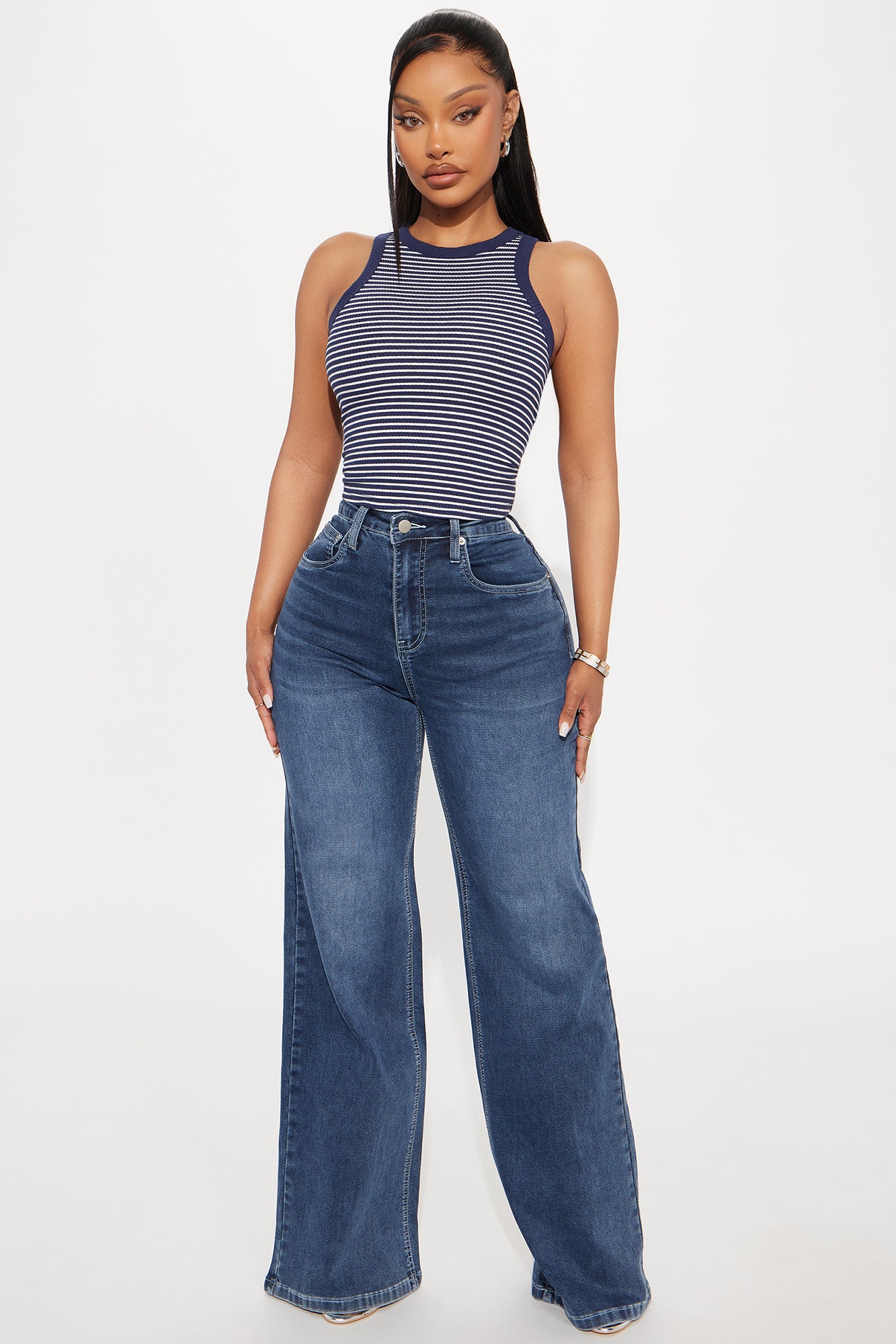 Taryn Striped Rib Tank Top - Navy/combo