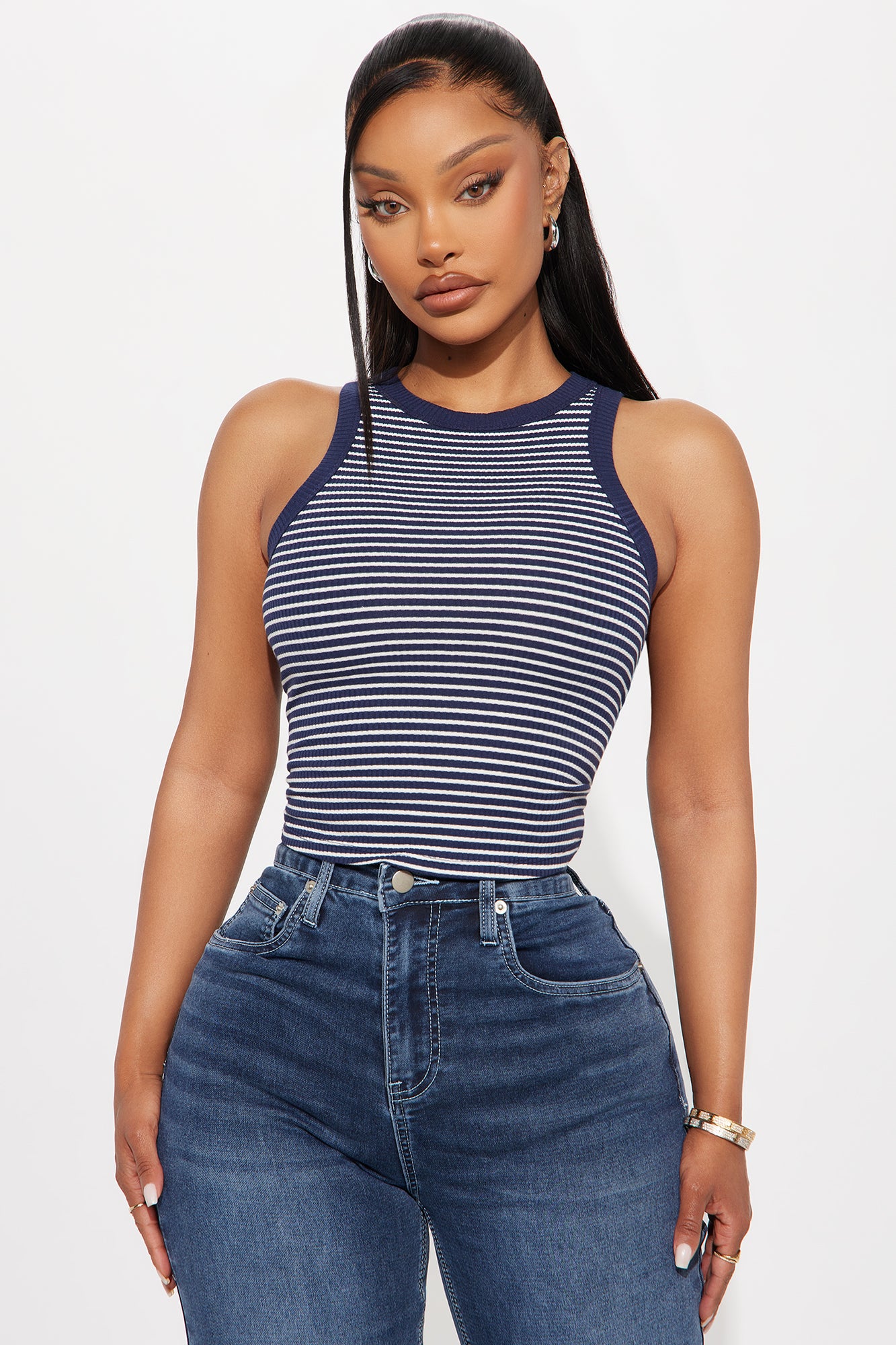 Taryn Striped Rib Tank Top - Navy/combo