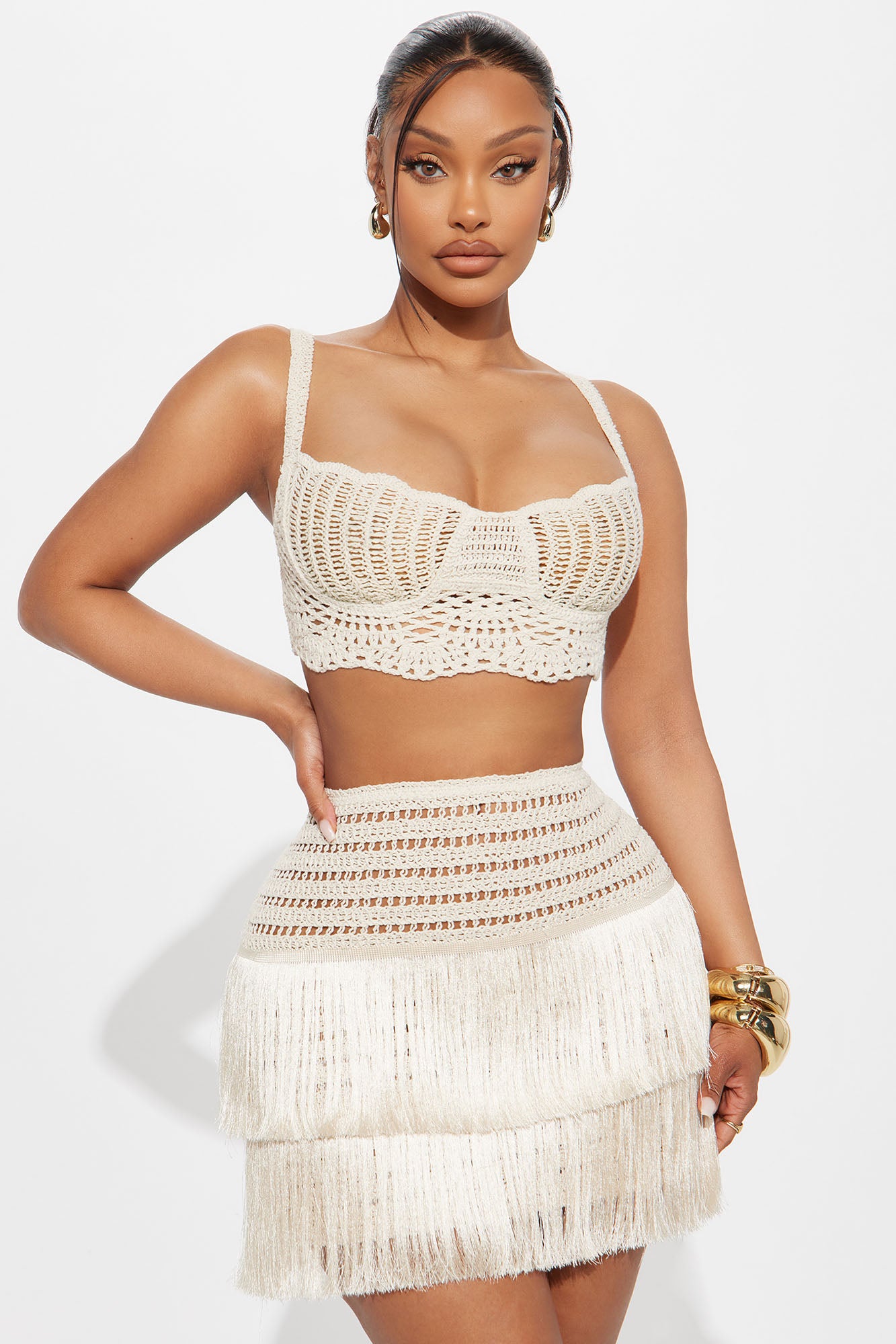 Coastal Crush Crochet Fringe Mini Skirt Set - Natural