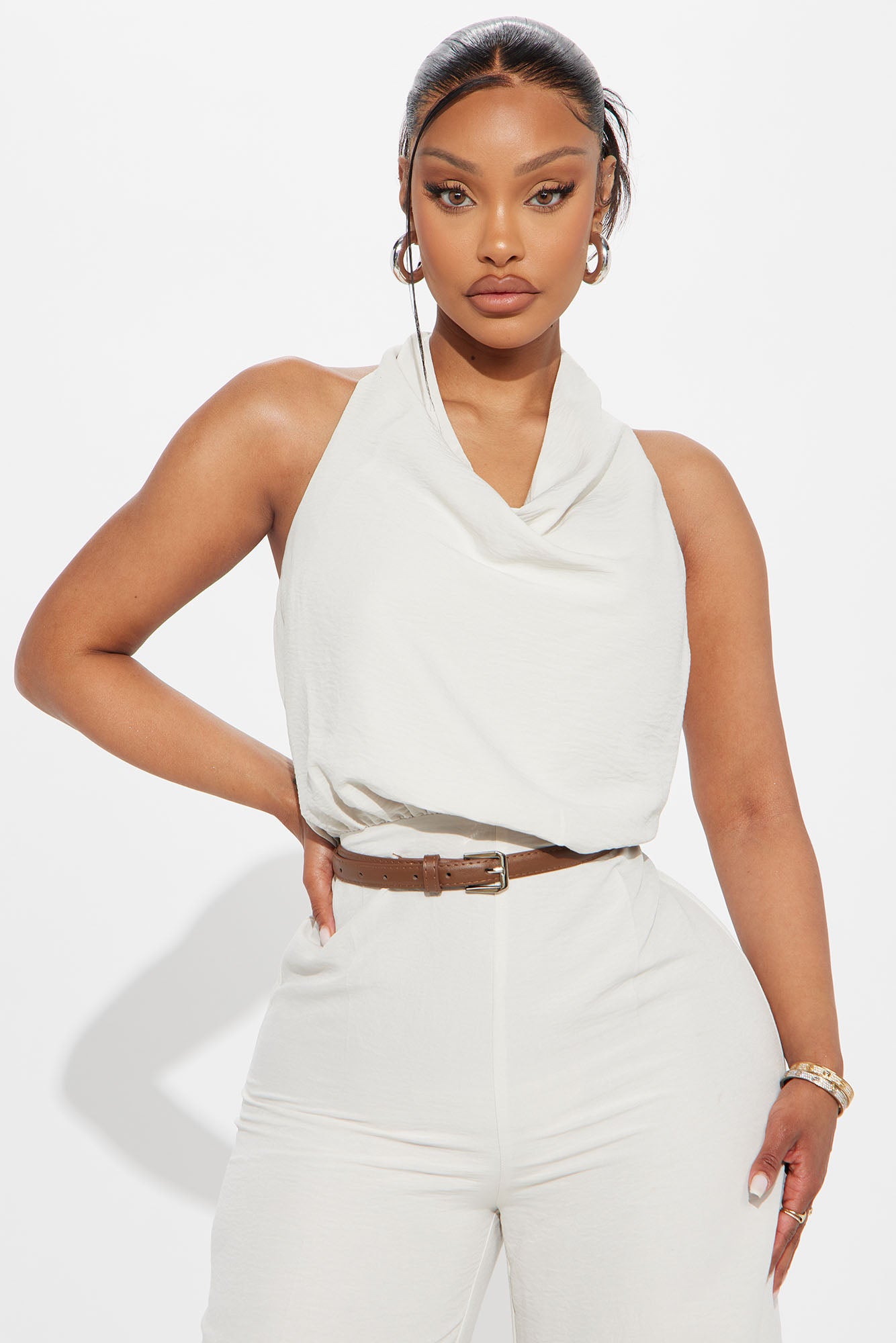 Amelia Belted Halter Jumpsuit - Cream