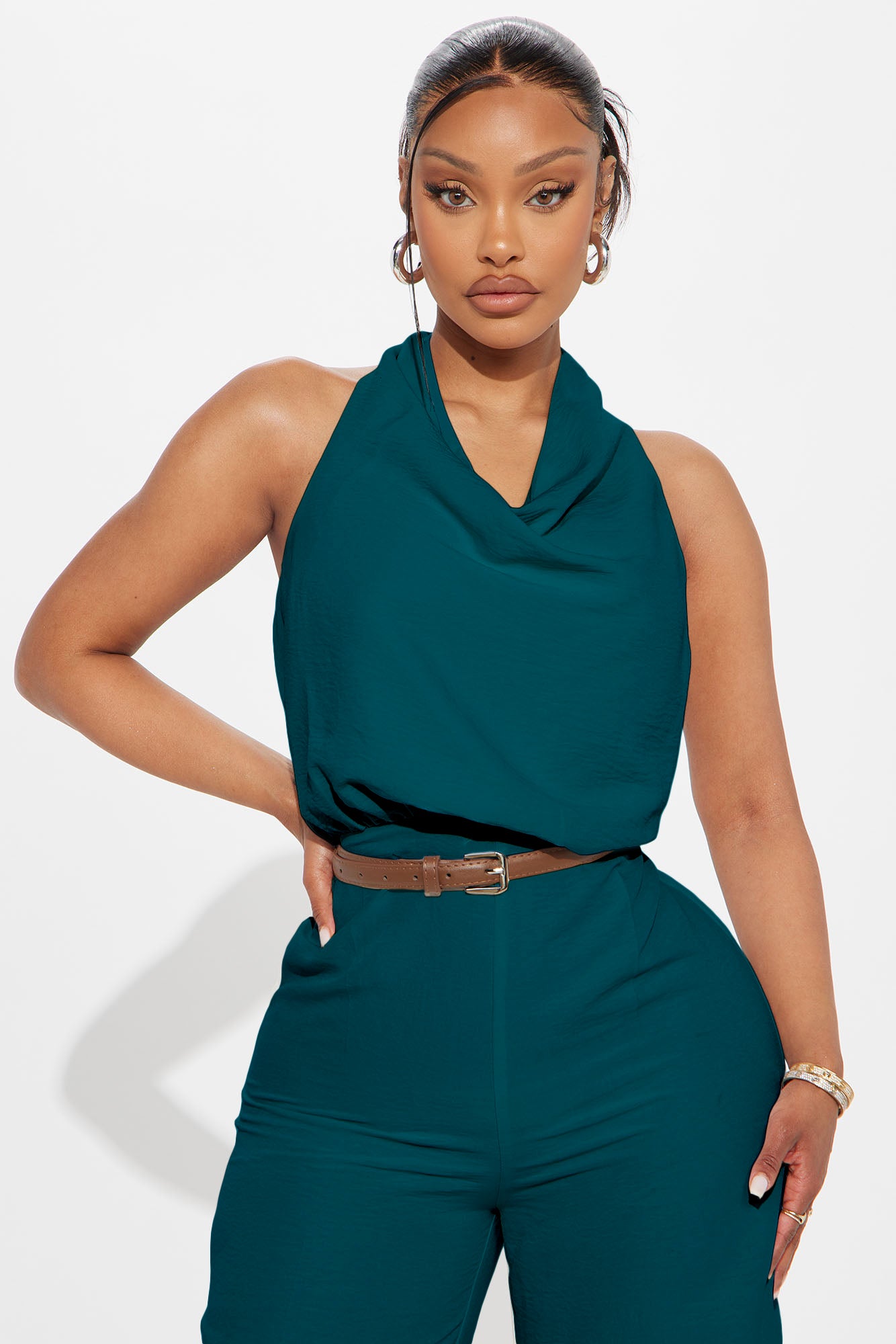 Amelia Belted Halter Jumpsuit - Hunter