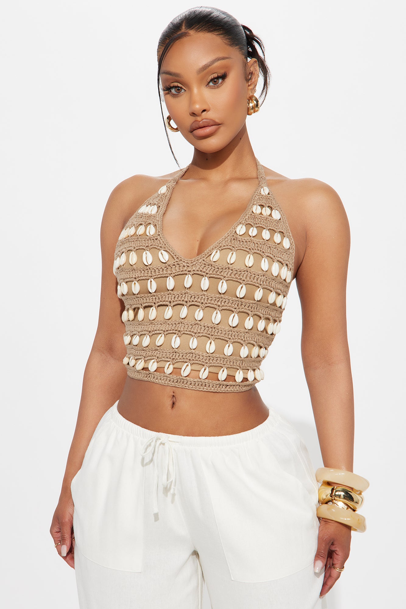 Collecting Seashells Crochet Halter Top - Brown