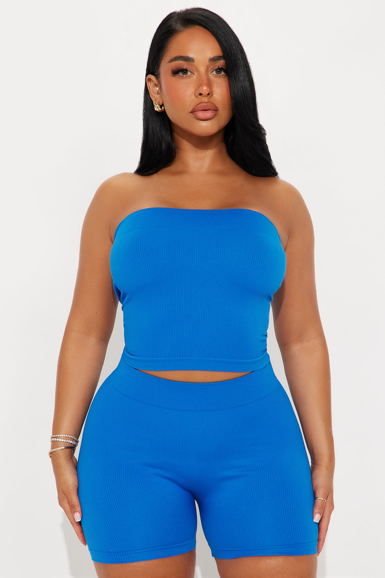 Off Duty Seamless Tube Top Biker Short Set - Royal