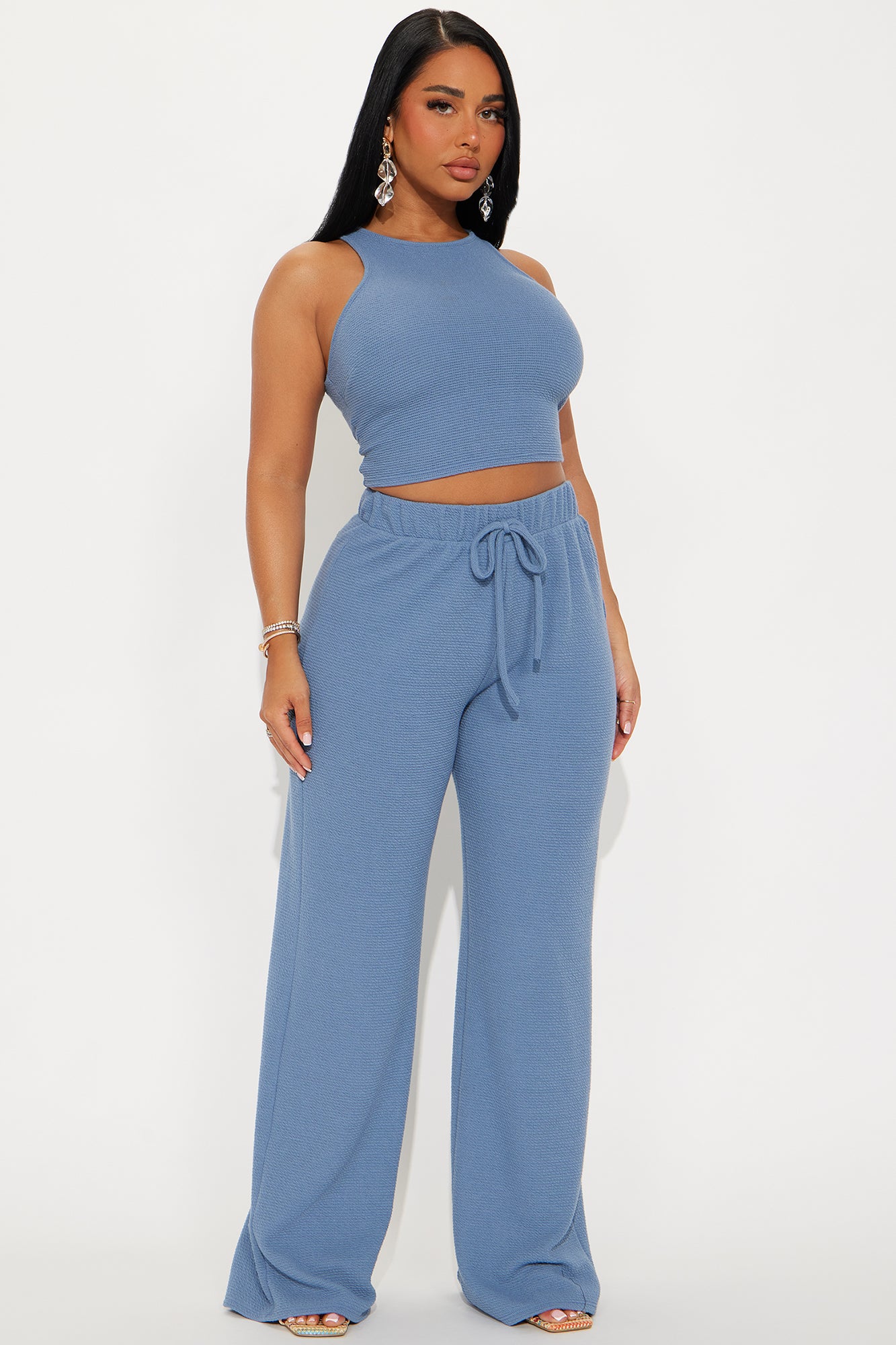 Alana Textured Wide Leg Pant Set - Denim