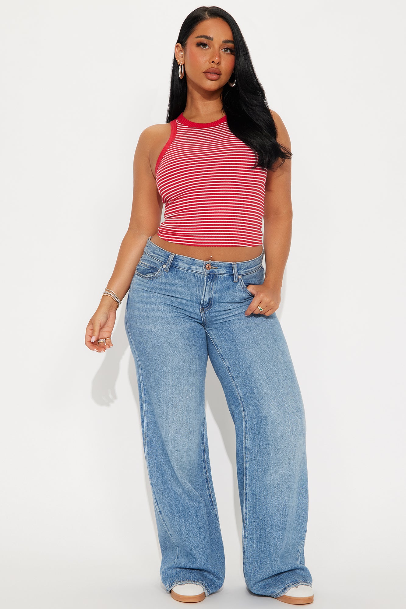 Taryn Striped Rib Tank Top - Red/combo