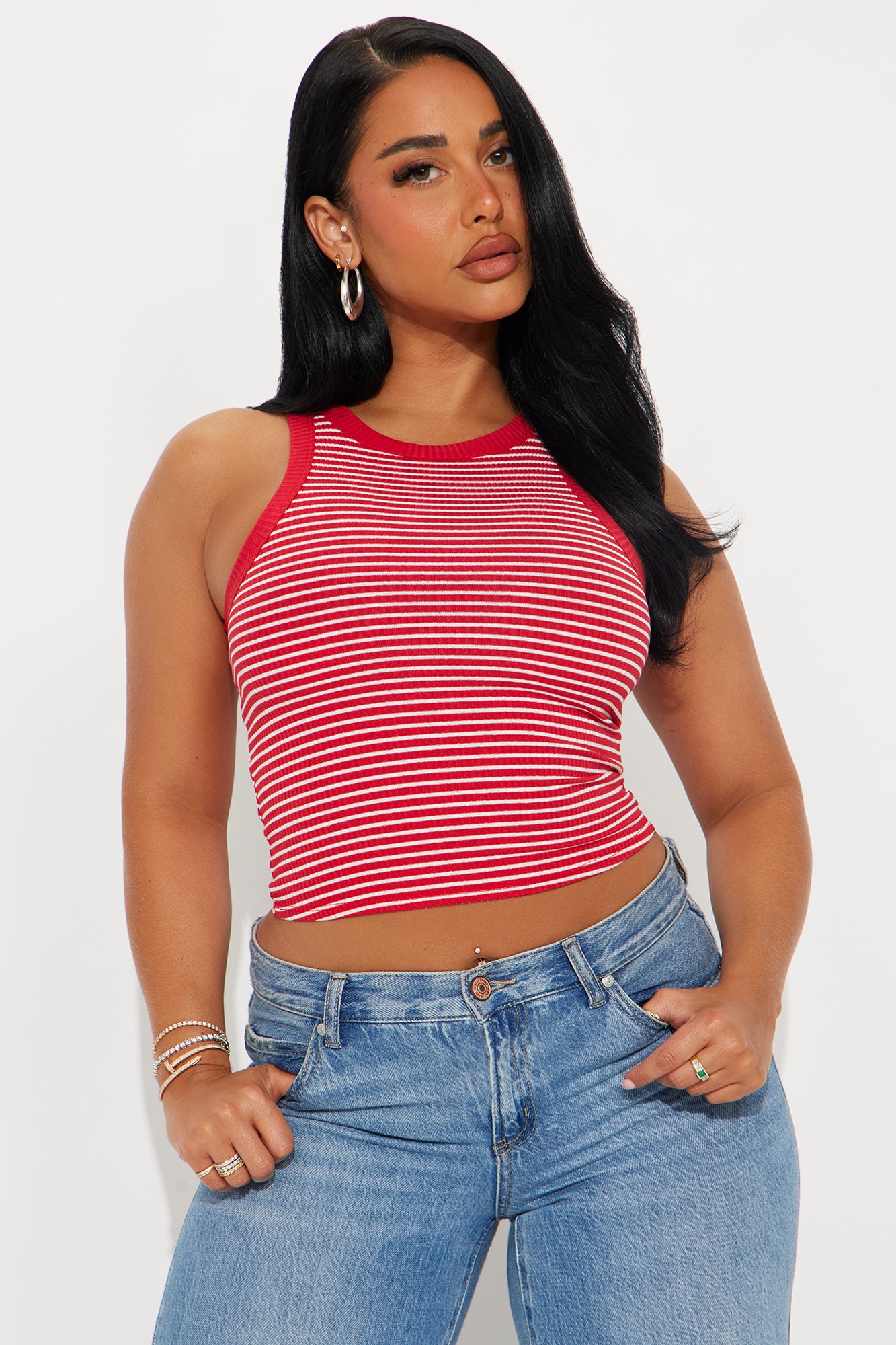 Taryn Striped Rib Tank Top - Red/combo