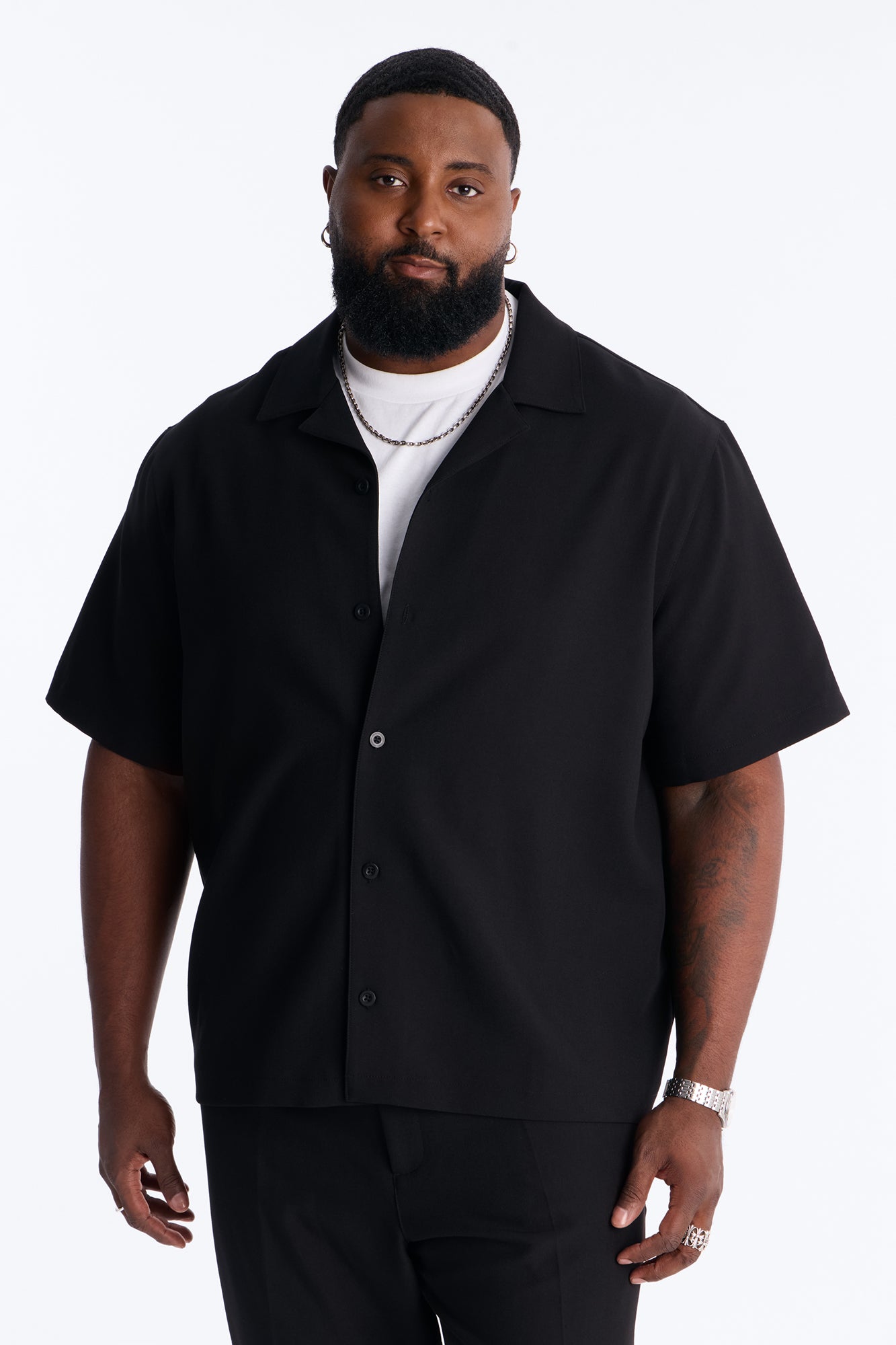 Modern Essential Sleeve Cuban Collar Button Down - Black