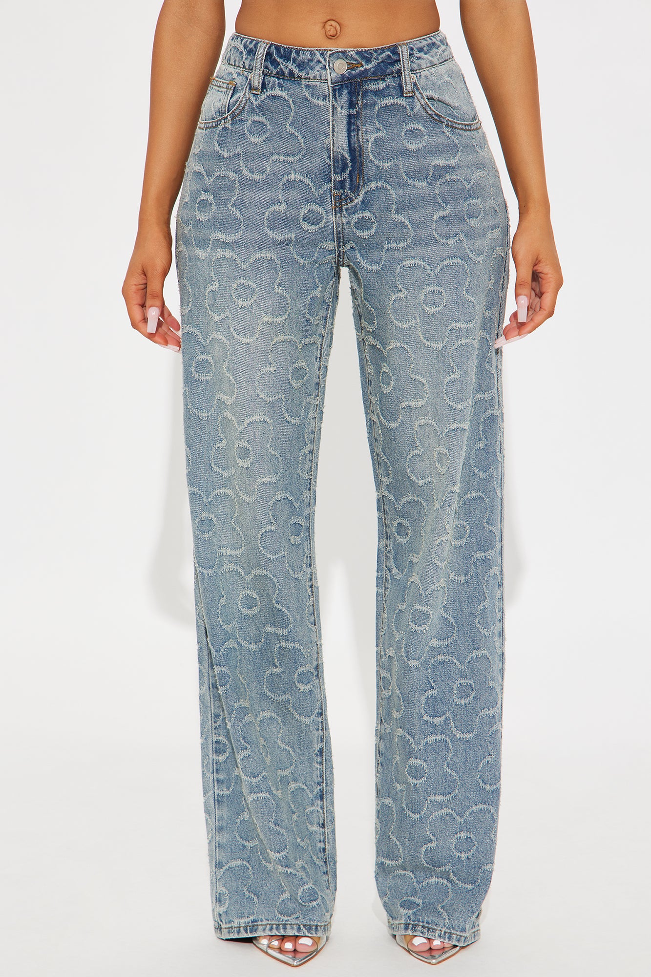Flower Power Jacquard Wide Leg Jeans - Medium Wash