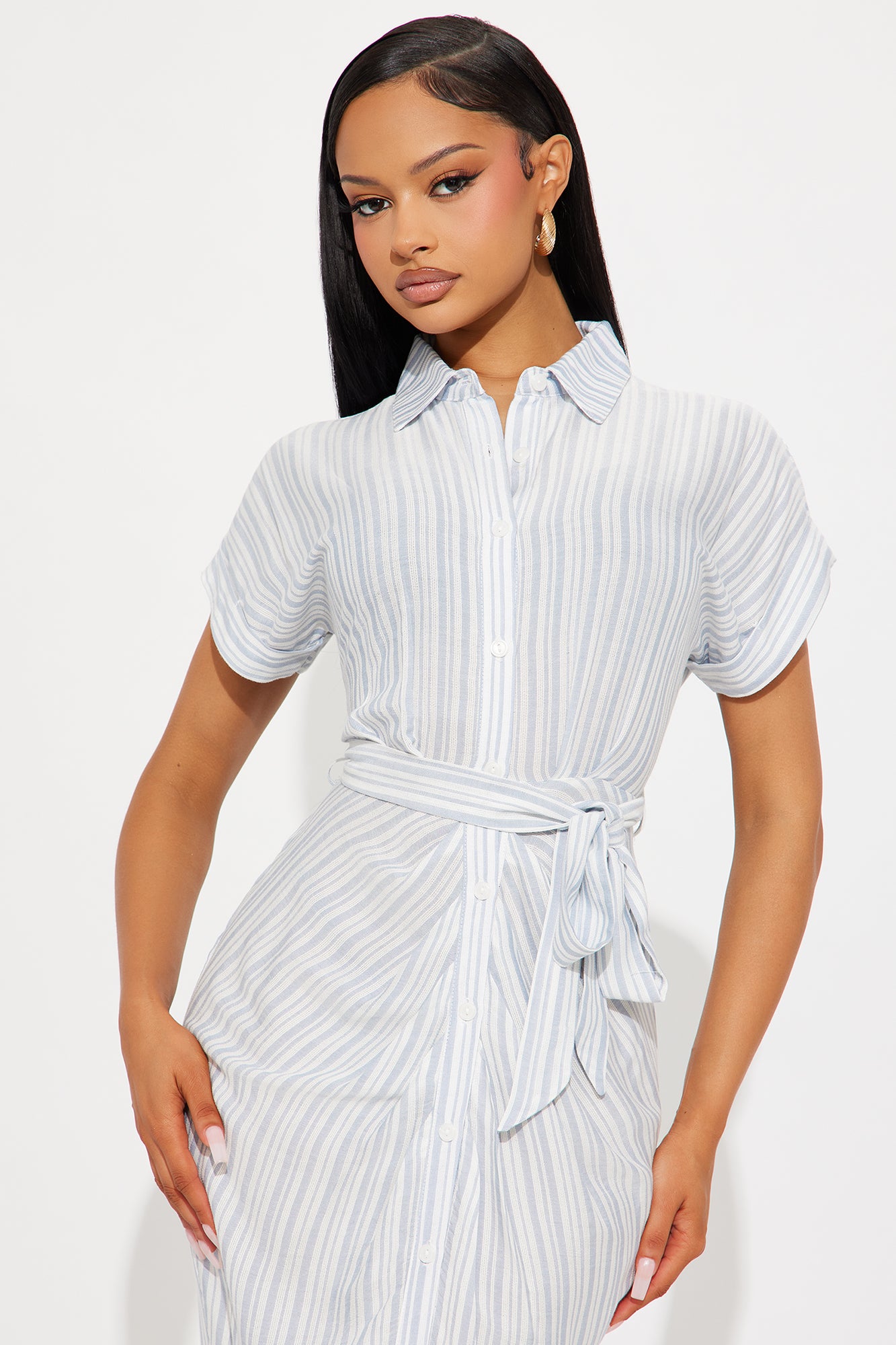 Ruth Pinstripe Linen Midi Dress - Blue/combo