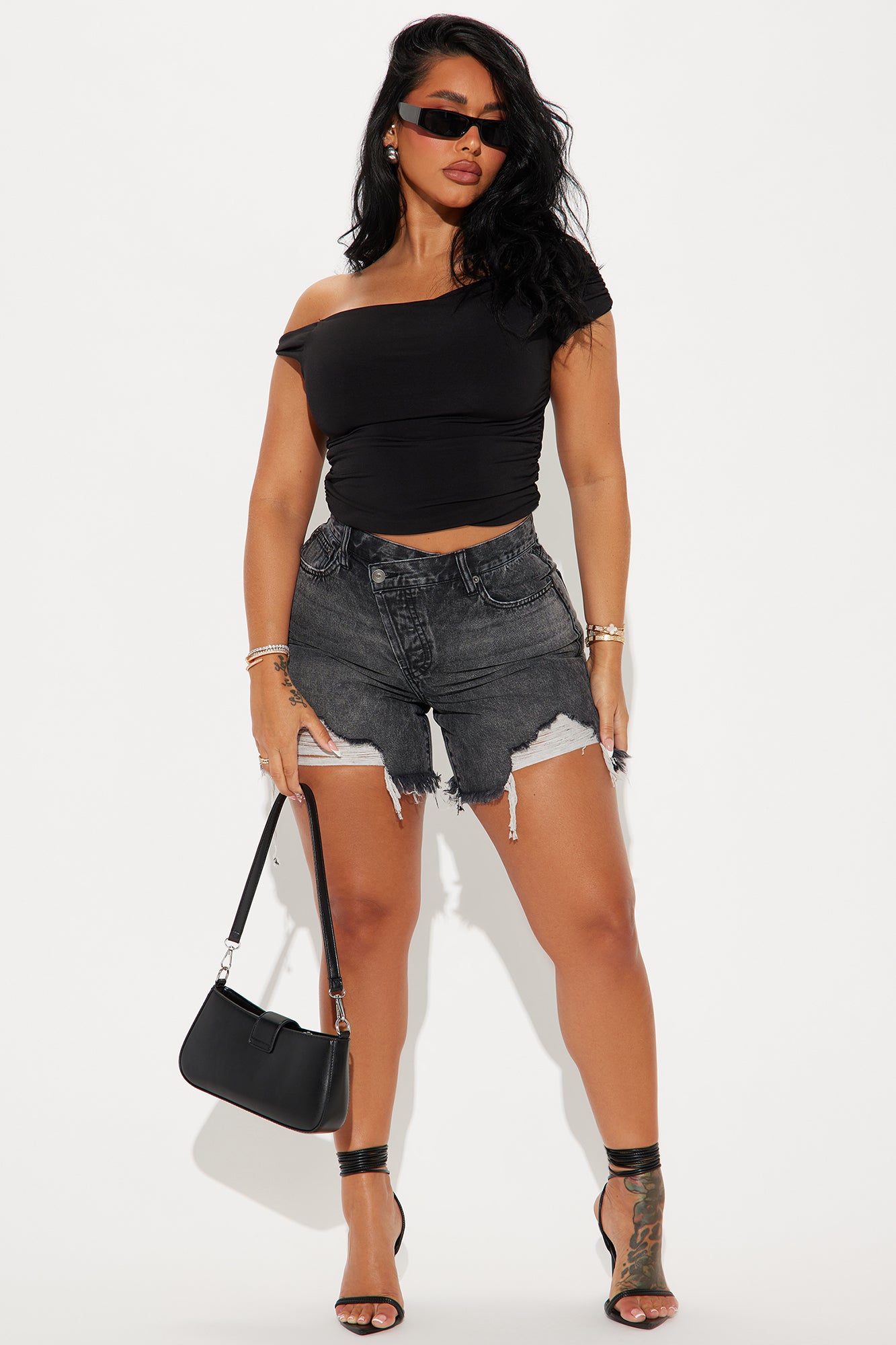 At A Glance Crossover Denim Shorts - Grey