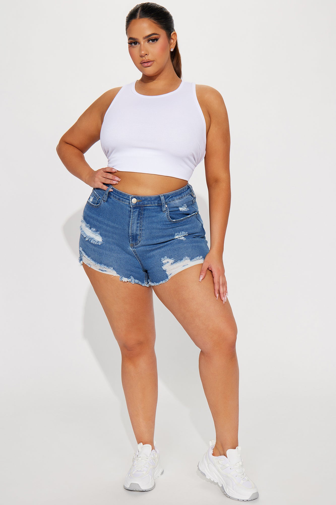 Just My Type Ripped Stretch Denim Shorts - Medium Wash