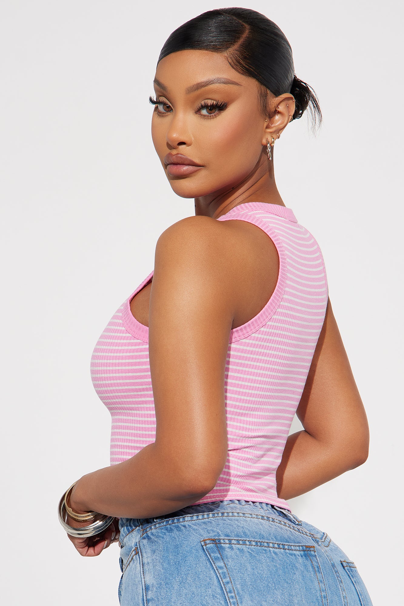 Taryn Striped Rib Tank Top - Pink/combo