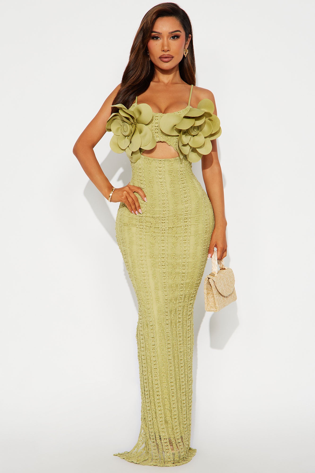 Elena Floral Applique Maxi Dress - Chartreuse