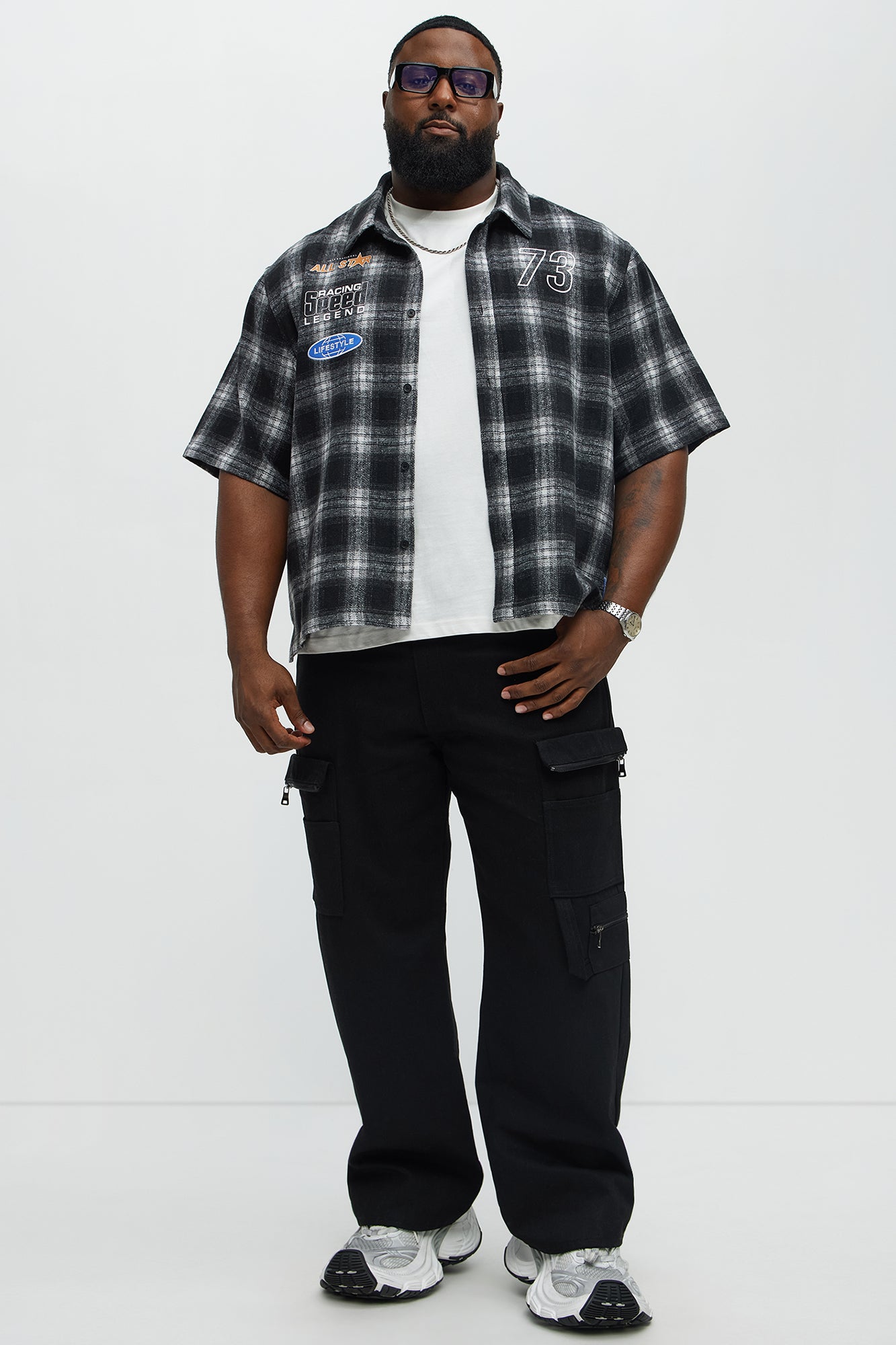 All Star Plaid Button Down Cropped Short Sleeve Shirt - Black/combo