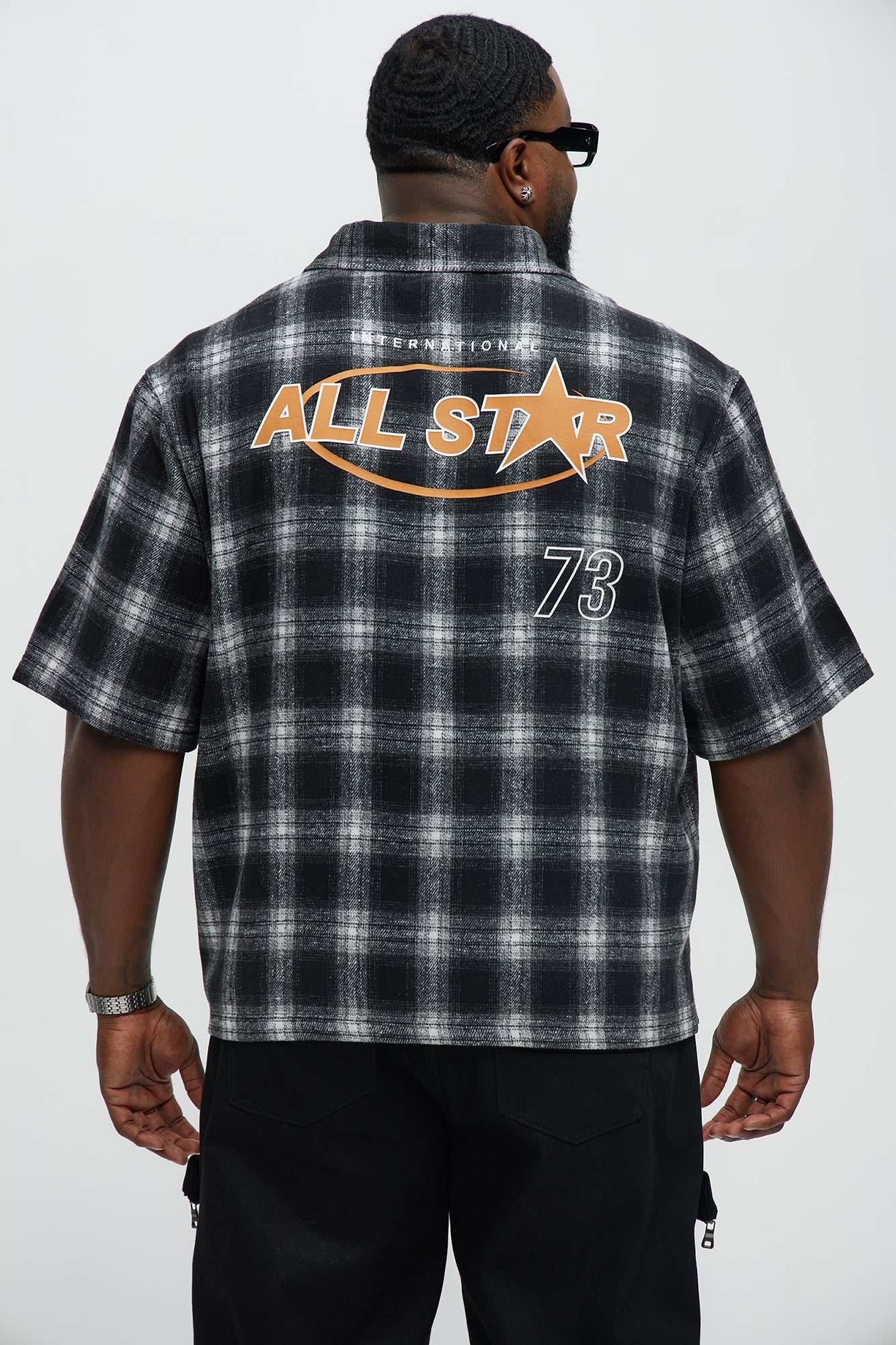 All Star Plaid Button Down Cropped Short Sleeve Shirt - Black/combo