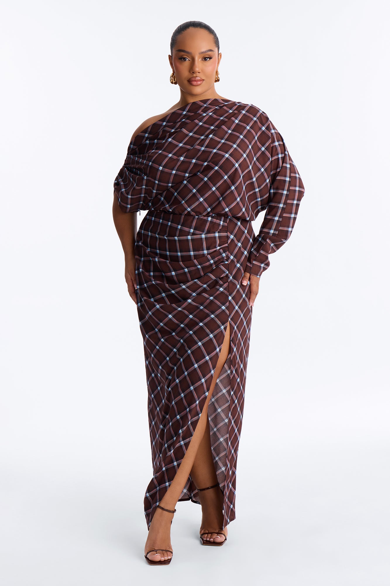 Madeline Plaid Chiffon Maxi Dress - Brown/combo