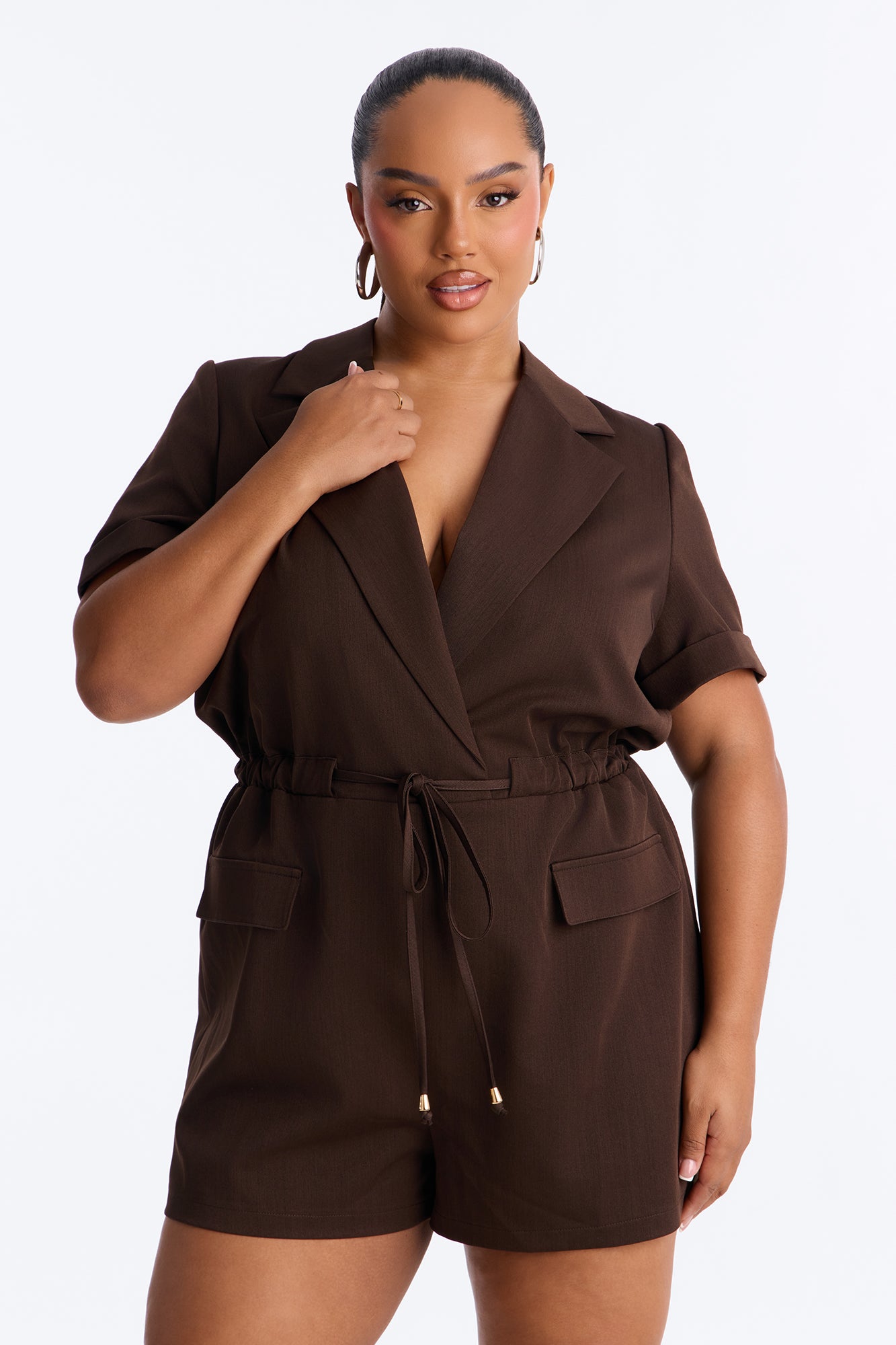 Modern Muse Collar Short Sleeve Romper - Chocolate