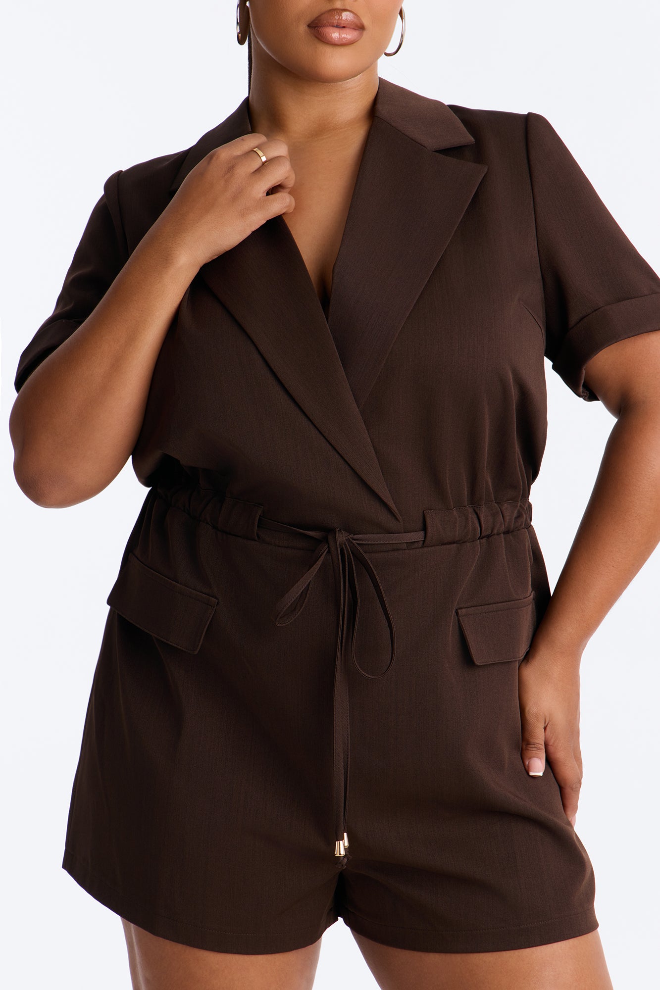 Modern Muse Collar Short Sleeve Romper - Chocolate
