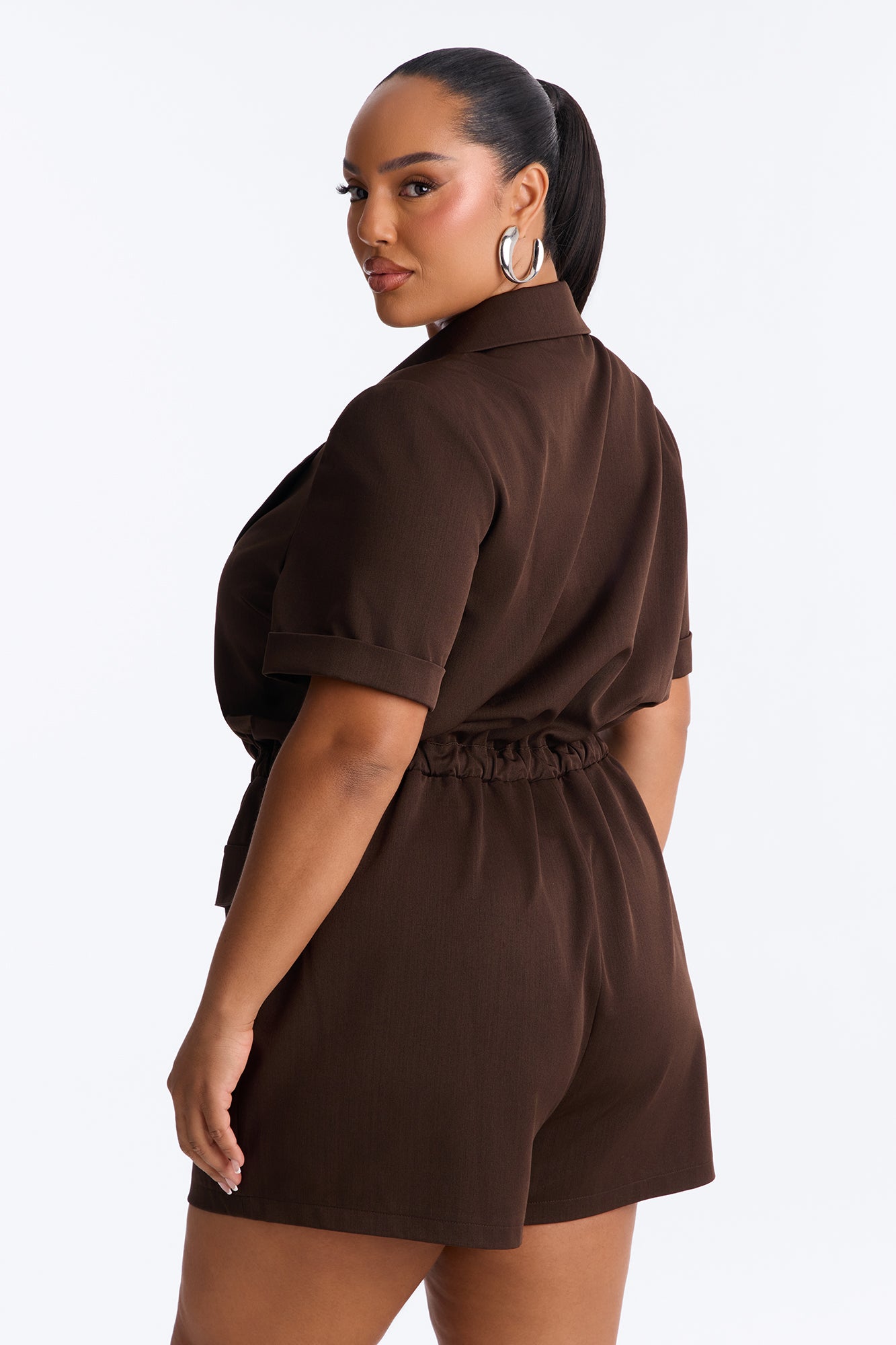 Modern Muse Collar Short Sleeve Romper - Chocolate