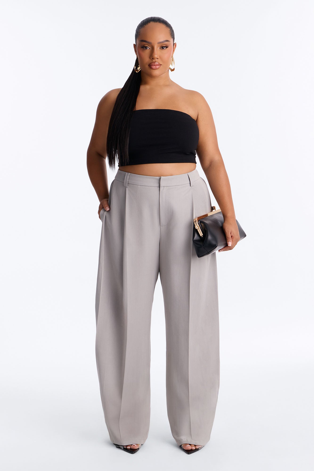 Kate Side Pleated Button Cuff Trouser - Light Grey